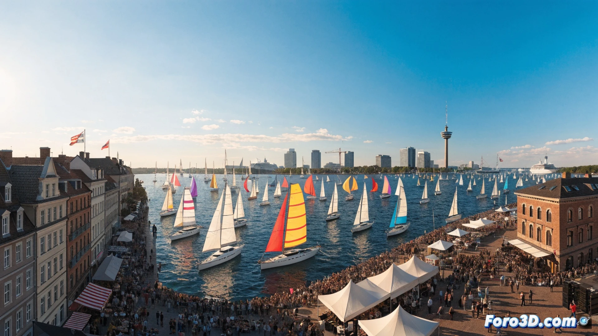 wide-angle view of Kiel harbor during Kieler Woche 2025, hundreds of sailboats racing with spinnakers fully inflated, crowds of people on piers watching regatta, festival tents and stages along waterfront with concert lights flashing, small boats ferrying spectators between vessels, evening golden hour light reflecting off water, technical illustration style, photorealistic maritime scene, dynamic action with sails billowing and flags whipping in wind, dense crowd movement, festive atmosphere with glowing harbor lights beginning to activate, ultra-detailed rigging and hull textures, cinematic depth of field