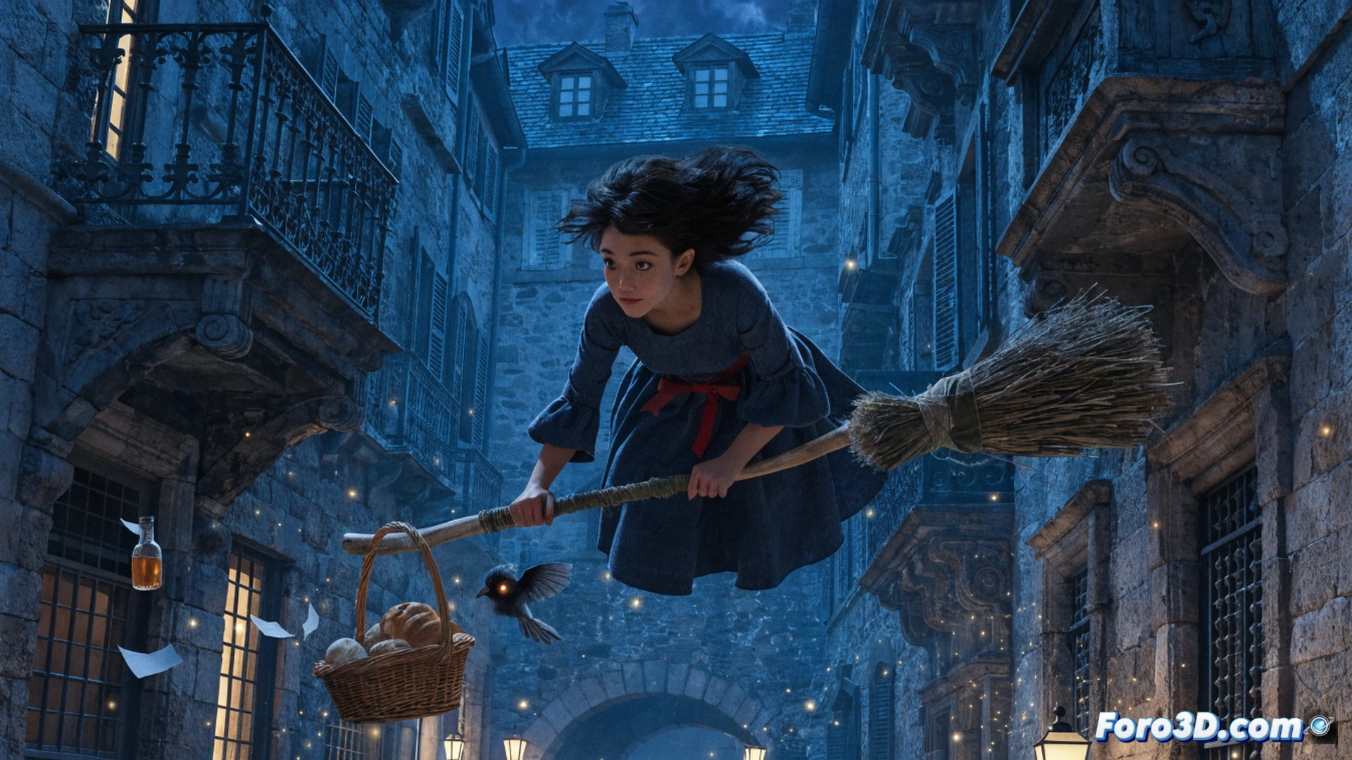 young witch in black dress flying on broomstick over a coastal town at sunset, open book floating beside her with glowing magical symbols, ink pot and quill pen drifting in air, cinematic fantasy illustration, golden hour light streaming through clouds, detailed medieval rooftops below, sea waves crashing against cliffs in background, dynamic motion blur on broomstick tail, photorealistic magical atmosphere, soft glowing particles around book pages, dramatic volumetric lighting, ultra-detailed fabric folds and wooden broom bristles