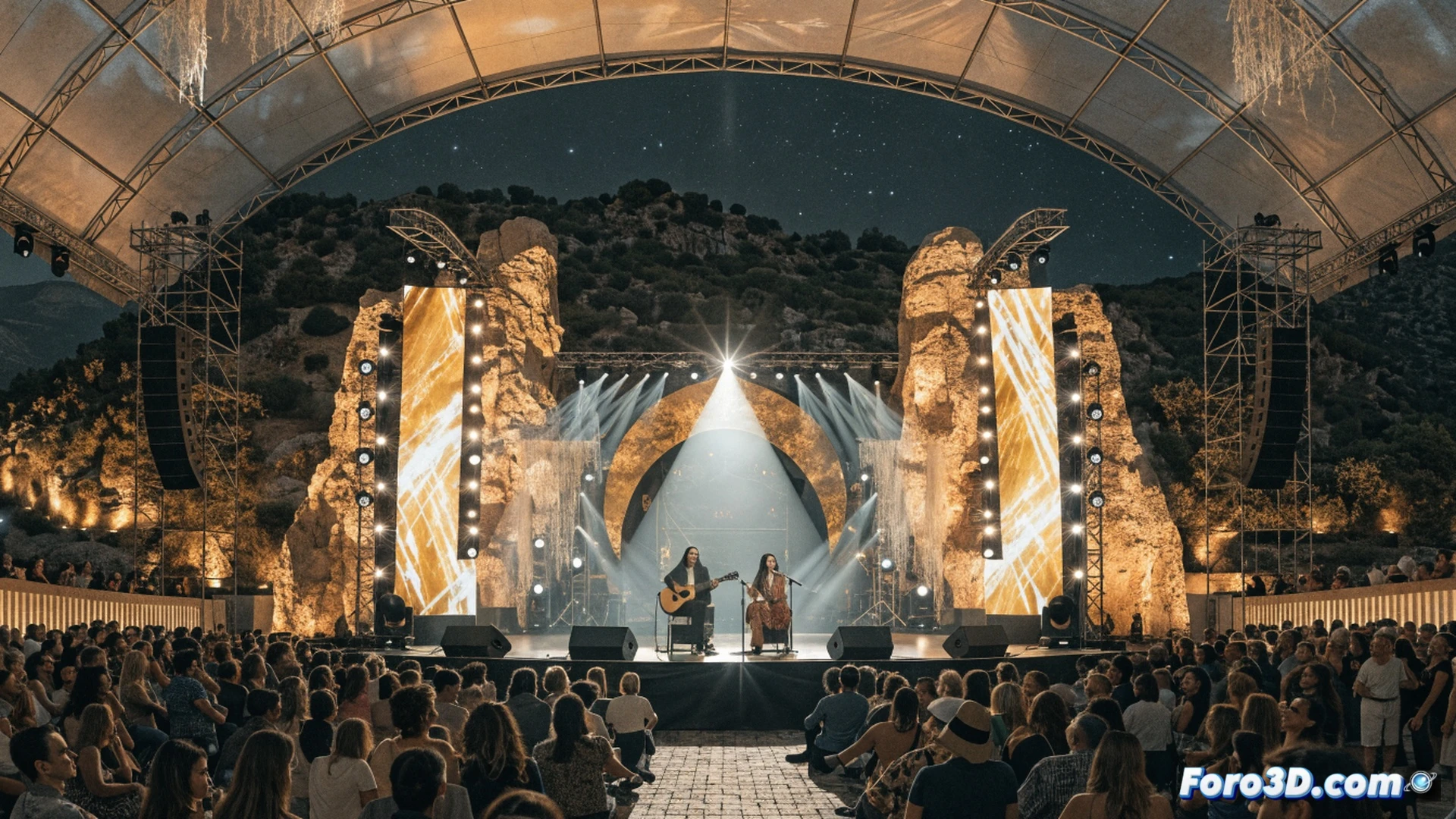 vibrant outdoor concert scene at dusk, large wooden stage under ancient oak tree, crowd of all ages dancing and clapping, Kiko & Shara performing with acoustic guitar and microphone, stage lights casting warm amber glow, technical audio equipment visible: PA speakers on tripods, mixing console at sound booth, monitor wedges on stage, cables running across grass, cinematic photorealistic style, golden hour lighting, dust particles illuminated in stage beams, joyful motion blur in dancing figures, detailed festival setup, dynamic crowd interaction