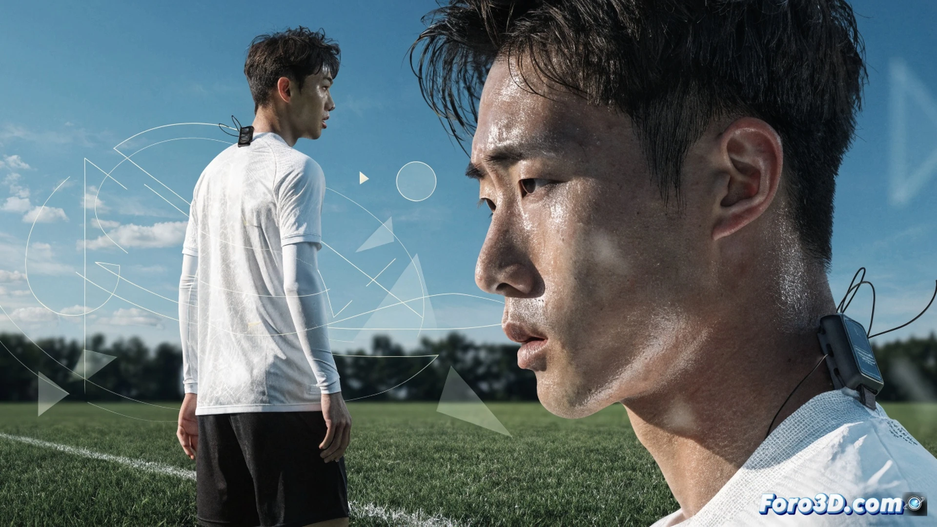 young asian defender in motion on a green football pitch, wearing a modern GPS tracking vest over his jersey, eyes scanning the field while reading an opponent pass trajectory, his body positioned to intercept, glowing blue tactical lines overlay the grass showing passing lanes and defensive movement patterns, a small GPS receiver on his back transmitting real-time data streams, soft stadium lighting, shallow depth of field focusing on his focused expression and the digital lines, realistic technical illustration style, clean engineering visualization, no text or numbers visible