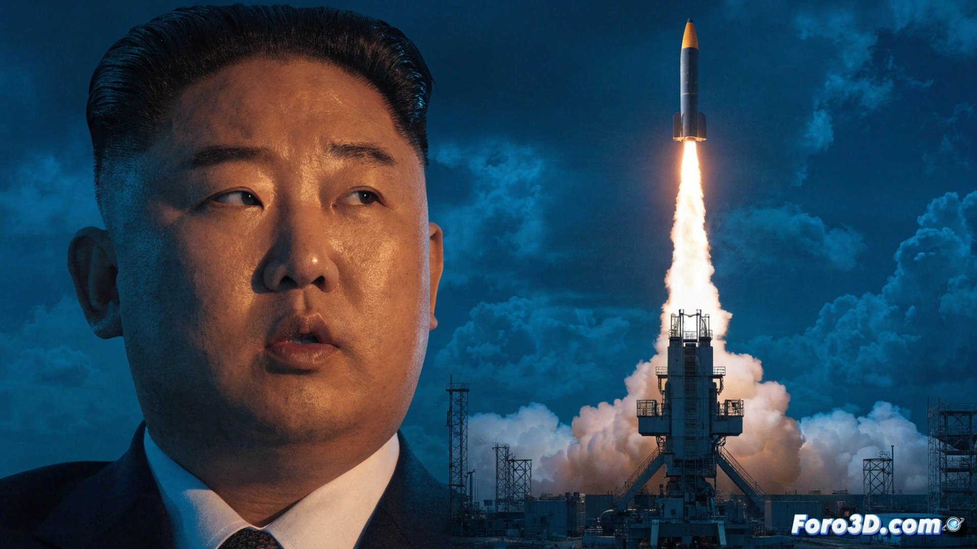 North Korean military factory interior, Kim Jong Un pointing at a missile assembly line, workers in uniforms attaching guidance fins to a Hwasong-class ballistic missile, glowing red engine nozzle being tested in the background, rows of stacked warhead casings on metal racks, industrial exhaust vents releasing steam, photorealistic engineering visualization, dramatic overhead lighting casting sharp shadows, metallic surfaces reflecting sparks from welding equipment, conveyor belt with partially assembled rocket stages, ultra-detailed mechanical components, cinematic technical illustration