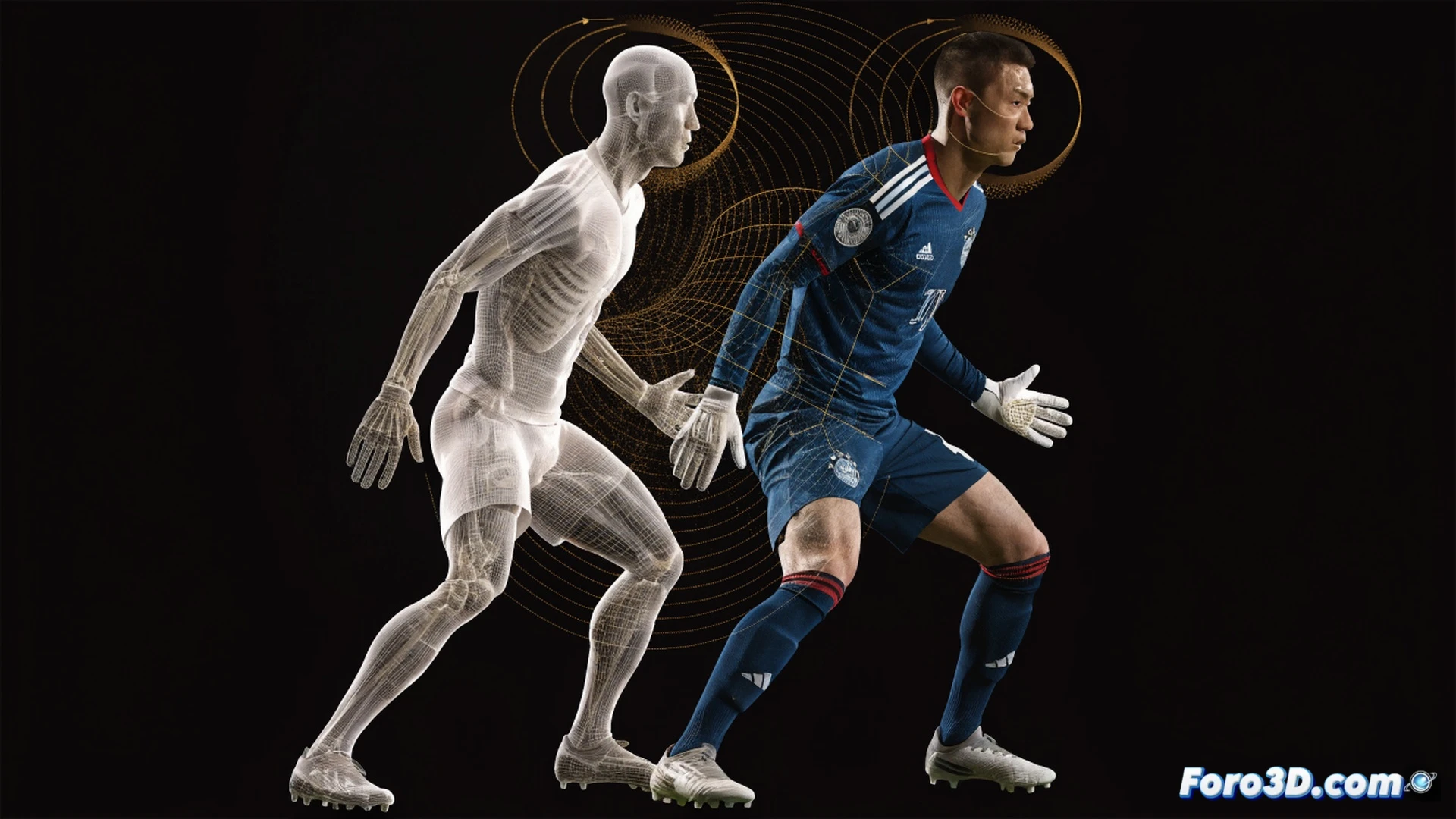 Football defender Kim Min-jae mid-slide tackle, 3D wireframe overlay tracking his body movement and anticipation path, glowing blue trajectory lines from his foot intercepting the ball, green pressure zones around his torso showing stable positioning, Bayern Munich stadium background blurred, technical engineering visualization, photorealistic render, cinematic low-angle shot, dynamic action pose, motion blur on his trailing leg, hyper-detailed muscle tension and jersey fabric, dramatic stadium floodlights casting sharp shadows, digital HUD elements showing defensive metrics, ultra-realistic textures, 8K quality