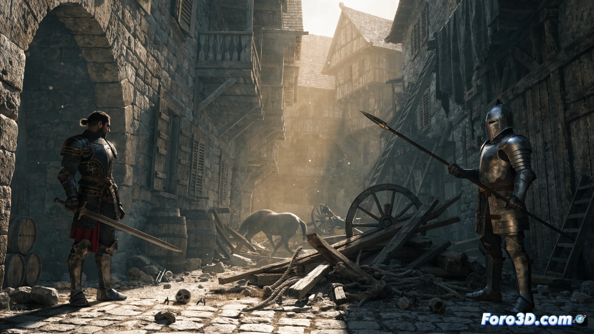 medieval blacksmith forging a glowing sword on an anvil, sparks flying while hammer strikes metal, gaming PC monitor in background displaying Steam store page with Kingdom Come Deliverance II discount banner, keyboard and mouse beside controller, dark room lit by monitor glow and forge fire, cinematic photorealistic style, hyperdetailed armor textures, steam rising from quench bucket, motion blur on hammer swing, dramatic chiaroscuro lighting, technical gaming setup
