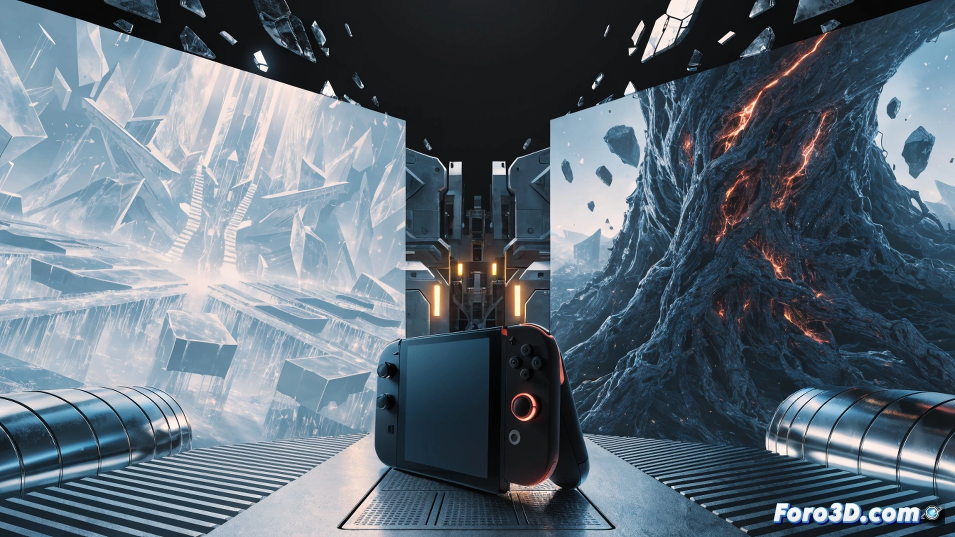 Nintendo Switch 2 console internal storage being consumed by a massive digital game installation, progress bar showing 131 GB out of 250 GB filled, glowing keyblade icon hovering above the storage menu, digital data particles flowing from the game icon into the system memory, while a small sad chibi character watches from the corner of the screen, photorealistic technical illustration, cinematic lighting with blue and white neon reflections on the console shell, ultra-detailed hardware textures, dramatic shadows emphasizing the limited space remaining, realistic data transfer visualization with pulsing light lines.