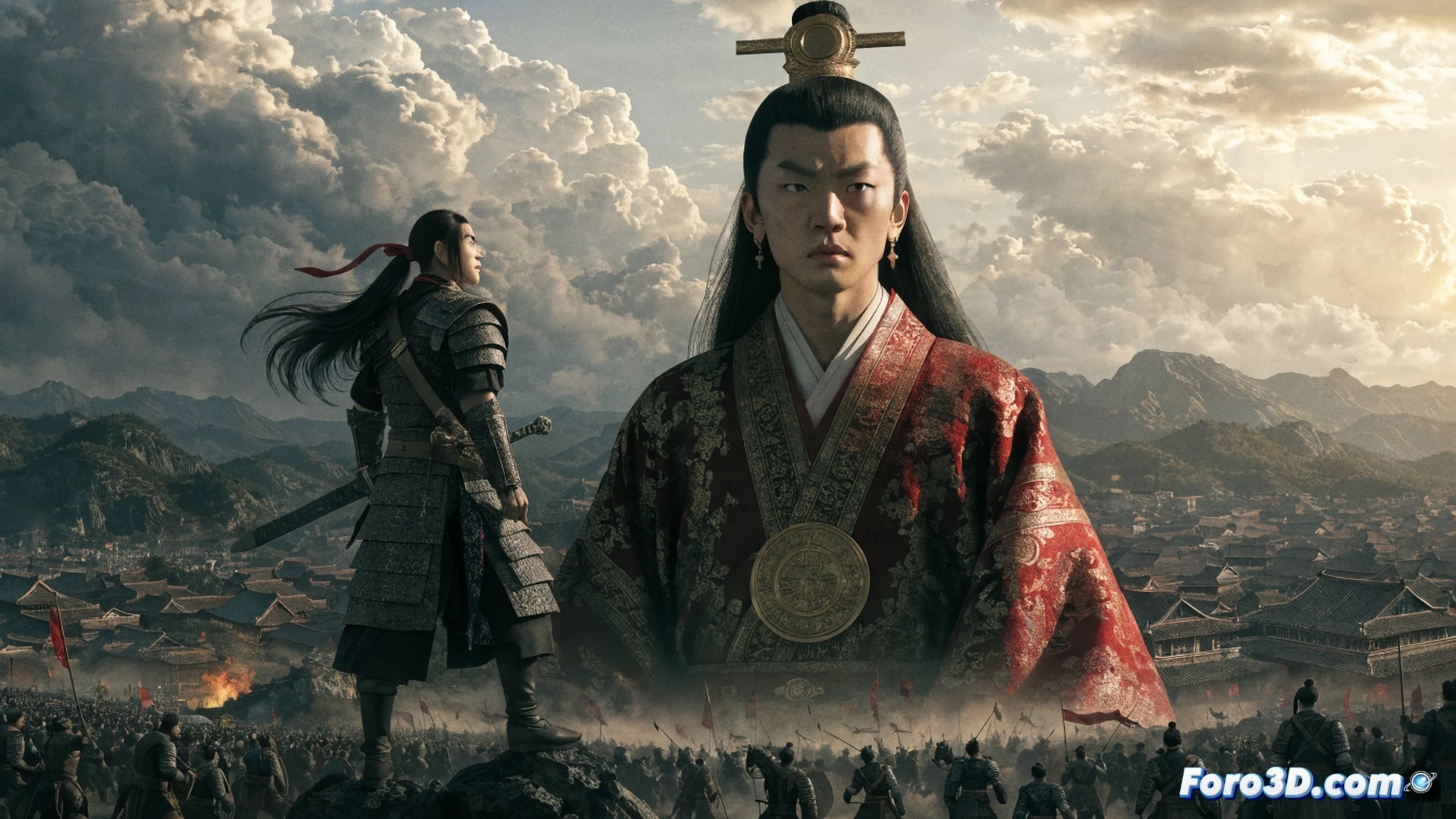 ancient Chinese battlefield during Warring States period, massive army formation with infantry and chariots advancing across dusty plains, Xin leading a cavalry charge with sword raised, Zheng observing from hilltop command post, soldiers with spears and shields clashing, blood splatter on armor, siege towers under construction in background, ink-wash painting aesthetic mixed with photorealistic manga style, dramatic sunset lighting, dust particles suspended in air, weathered bronze weapons and leather armor showing battle damage, cinematic wide-angle composition, ultra-detailed war machinery, chaotic action frozen in motion