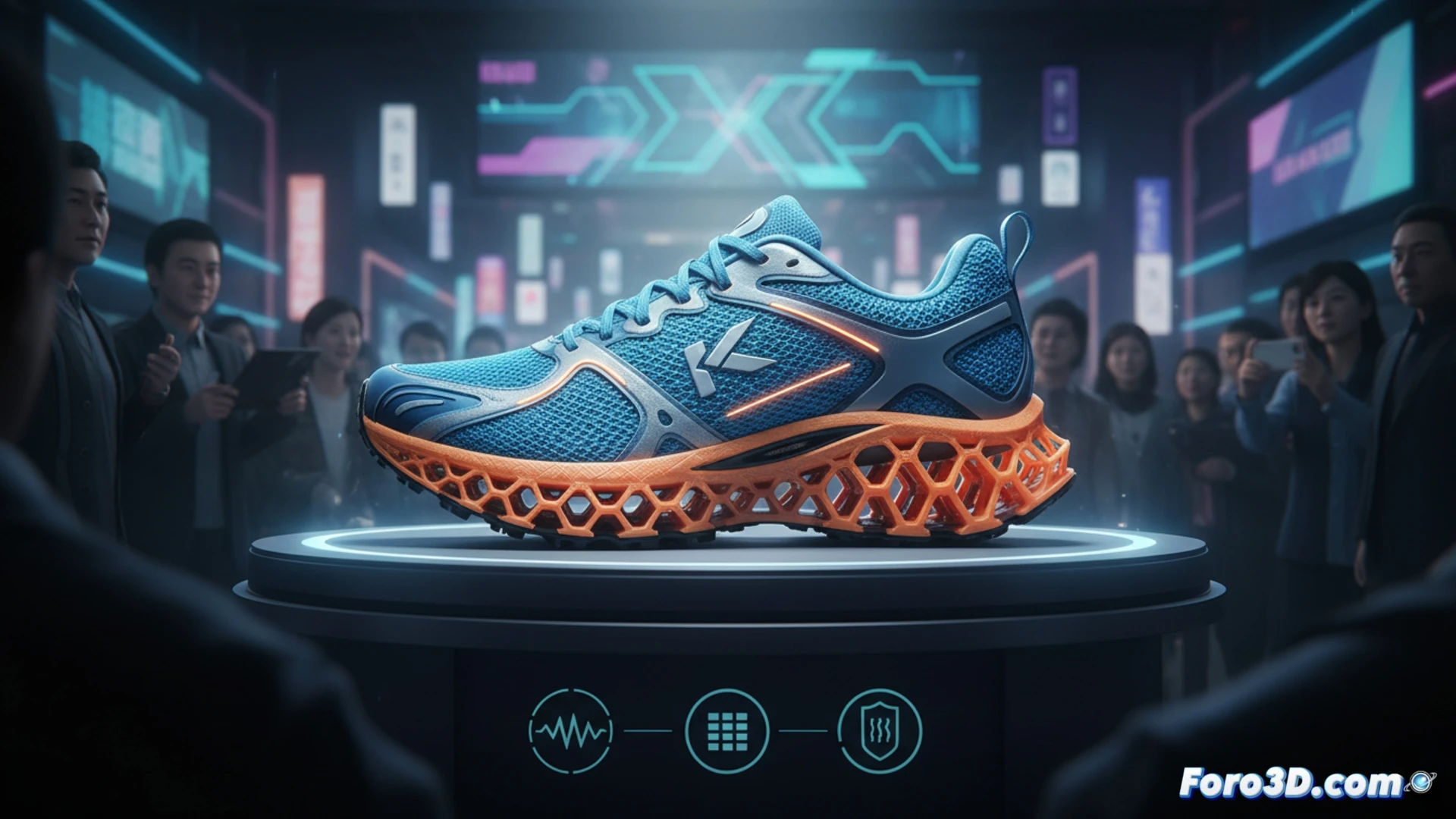 Zapato Kiprun KIPNEXT 3D sobre fondo gris, suela con textura impresa en 3D en azul y blanco, luz suave que resalta su diseño innovador.