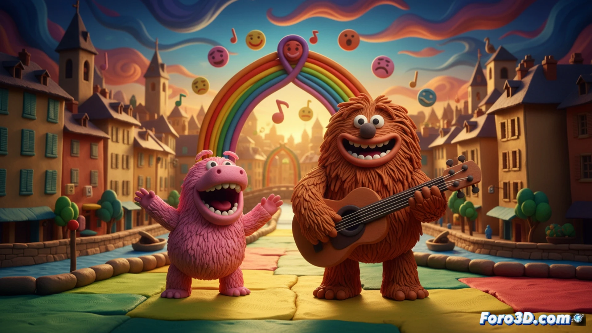 stop-motion animation studio scene, clay figures of two small characters mid-jump with joyful expressions, hands of an animator gently adjusting a leg joint with a metal sculpting tool, character arm raised in a playful wave, bright colorful clay set with miniature trees and soft hills, camera rig showing motion capture markers on a tripod, warm studio lights casting soft shadows, visible clay fingerprints on the surface, blurred background of reference sketches pinned to a corkboard, photorealistic technical illustration, detailed textures of plasticine and wood, cinematic shallow depth of field