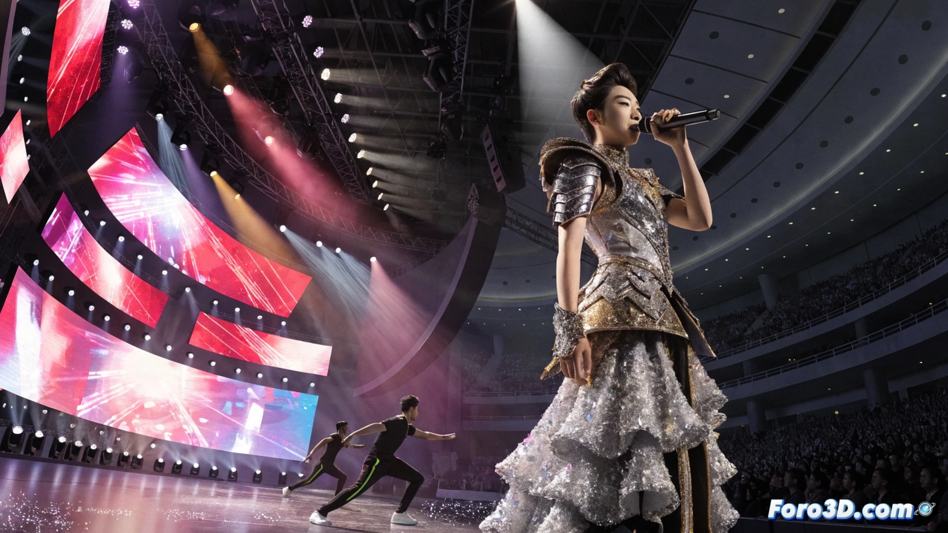 Kit Chan standing center stage at Singapore Indoor Stadium, spotlight illuminating her silhouette, glowing microphone in hand, dramatic haze rising from stage floor, massive LED screen backdrop showing abstract national landscape visuals, audience members in seats holding glowing wristbands, partial view of mixing console and monitor speakers at stage edge, cinematic concert photography style, warm amber and cool blue lighting contrast, motion blur on waving hands in crowd, photorealistic live performance render, ultra-detailed stage rigging and truss structure visible above
