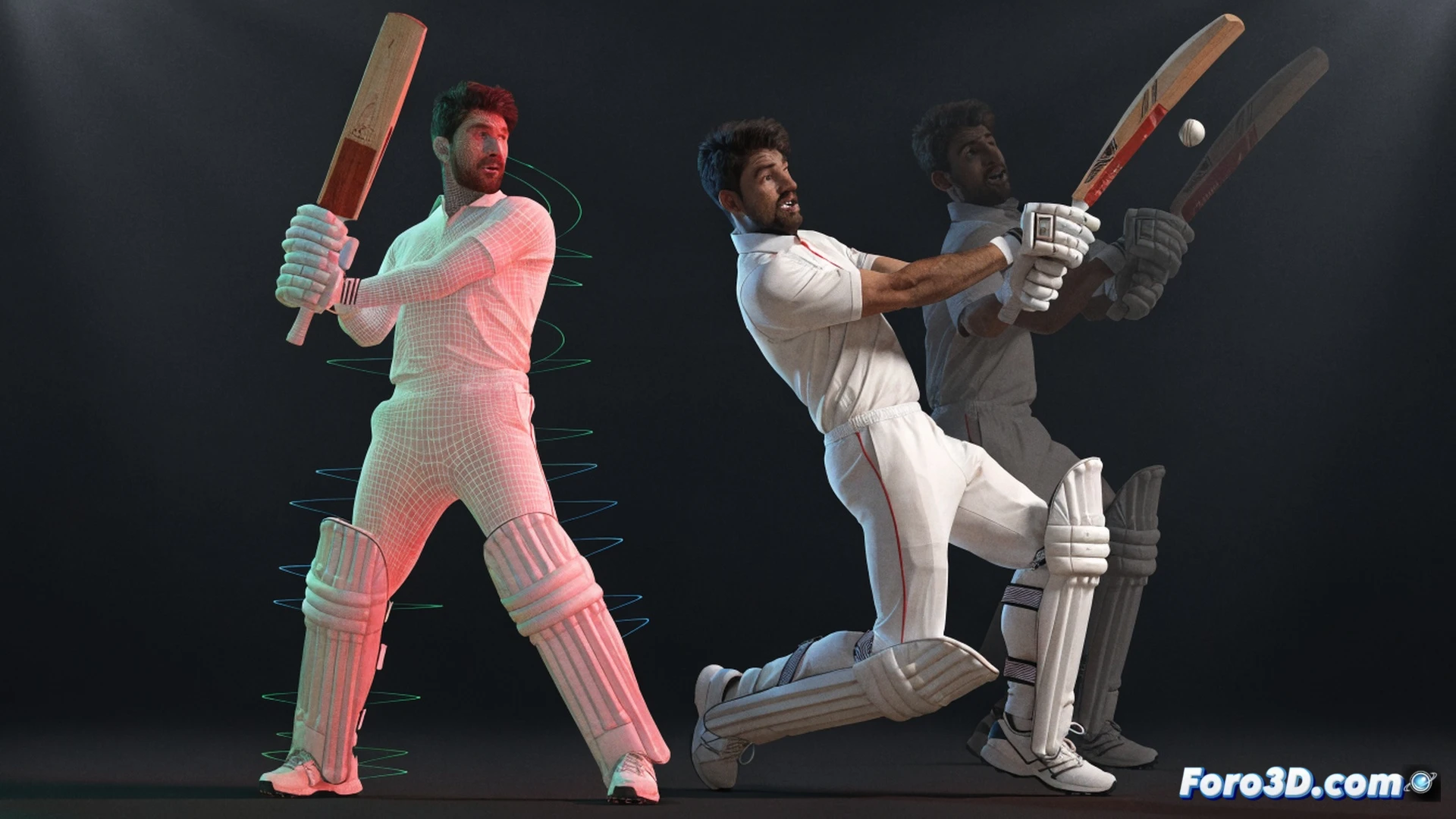 Cricket batsman KL Rahul in mid-stance during a high-pressure delivery, 3D motion-capture wireframe overlay showing biomechanical analysis, red trajectory lines tracing bat swing path and foot placement, pressure points highlighted on grip and stance, glowing thermal map indicating muscle tension in shoulders and wrists, stadium crowd blurred in background, realistic sports engineering visualization, cinematic low-angle shot, dramatic floodlight shadows, photorealistic technical render