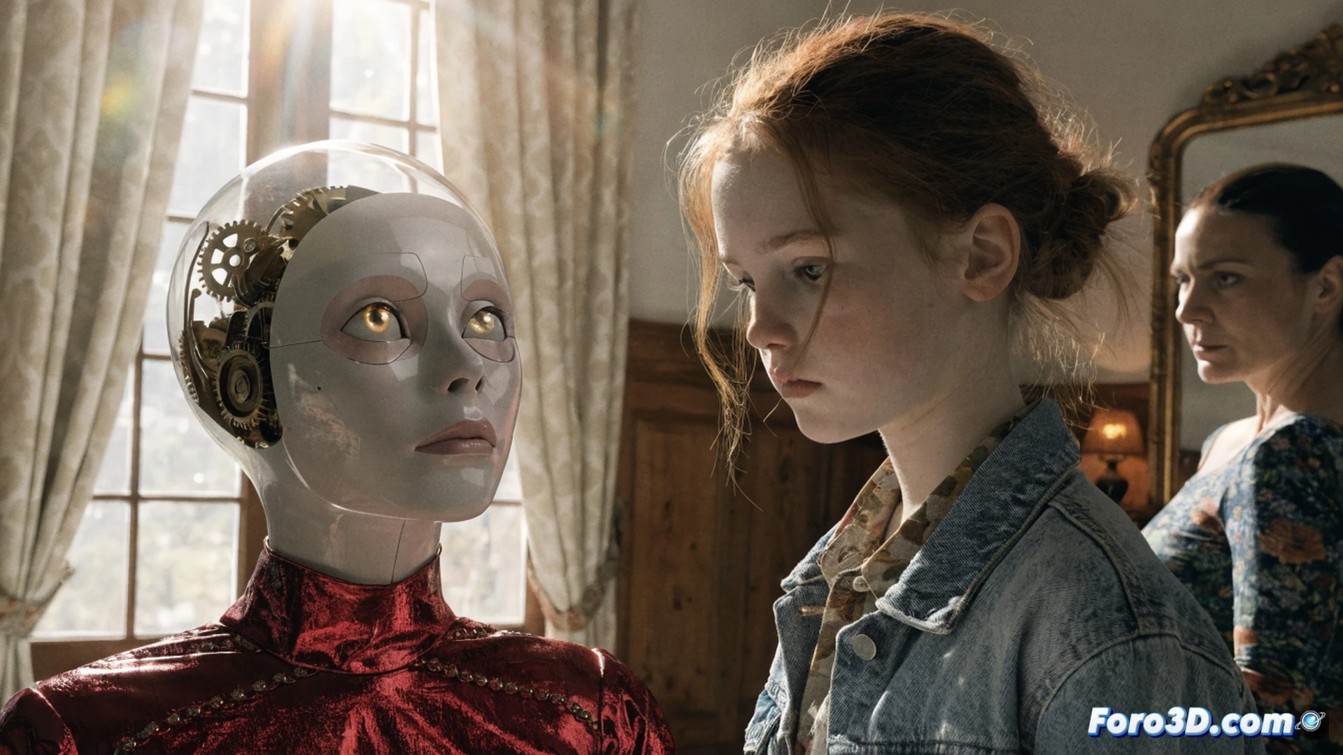 Photorealistic cinematic scene of Klara, a sleek humanoid AI with translucent solar panel skin, gently placing her hand on a worn wooden table inside a dimly lit family home, while a young girl sits across from her, tears reflecting soft golden sunlight streaming through a dusty window, Klara's internal circuitry faintly glowing blue beneath her chest panel, a small broken toy robot beside a laptop showing code on the screen, warm amber lighting contrasting with cool electronic glows, demonstrating emotional connection through subtle touch, photorealistic digital cinematography, shallow depth of field emphasizing Klara's hopeful expression and the girl's trembling fingers reaching forward