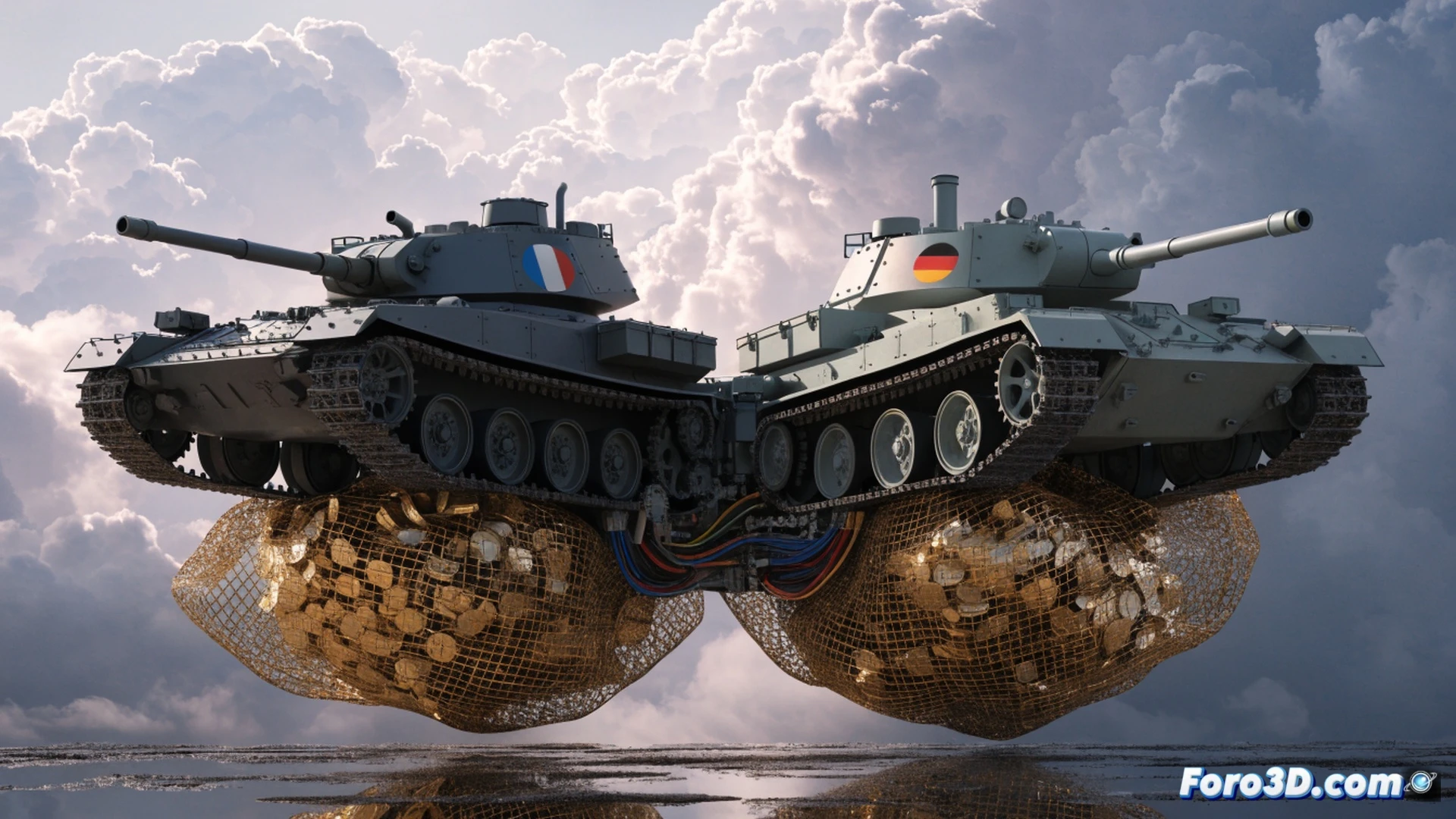 Dos tanques de batalla principales, Leopard 2 y Leclerc, alineados en una plataforma de exhibición industrial, gráficos bursátiles digitales flotando sobre ellos mientras engranajes metálicos se entrelazan simulando una fusión mecánica, técnicos militares señalando diagramas de sistemas de armas en una pantalla holográfica, proceso de ensamblaje conjunto mostrando componentes compartidos, estilo cinematográfico de ingeniería, iluminación dramática azul y dorada, texturas metálicas pulidas, render fotorrealista técnico.