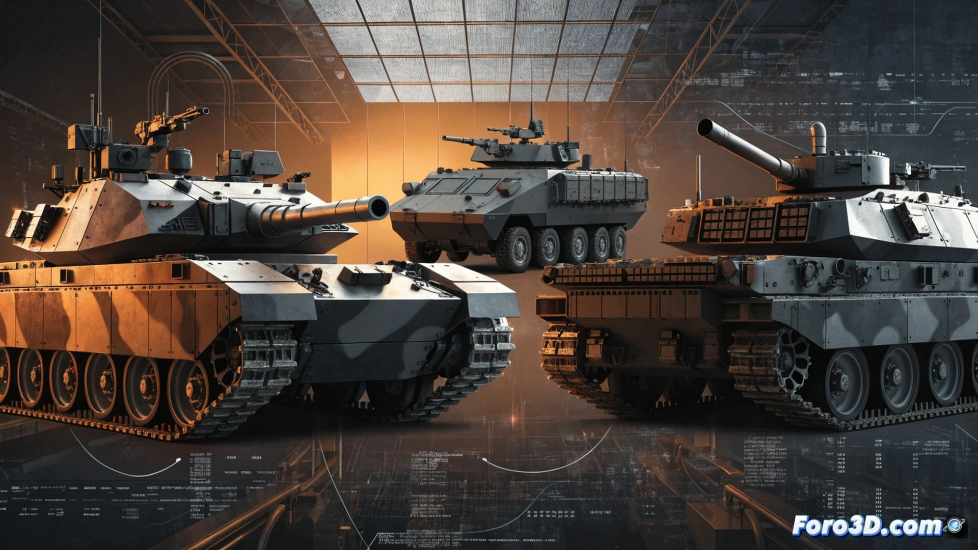 Aerial view of a military vehicle assembly line, KNDS OPV hull being lowered onto a Leopard tank chassis by industrial robotic arms, welding sparks flying from automated machinery, workers in protective gear monitoring production screens displaying defense budget graphs, conveyor belts moving armored plates, bright factory lights reflecting on metallic surfaces, realistic engineering visualization, gritty industrial atmosphere, photorealistic technical render
