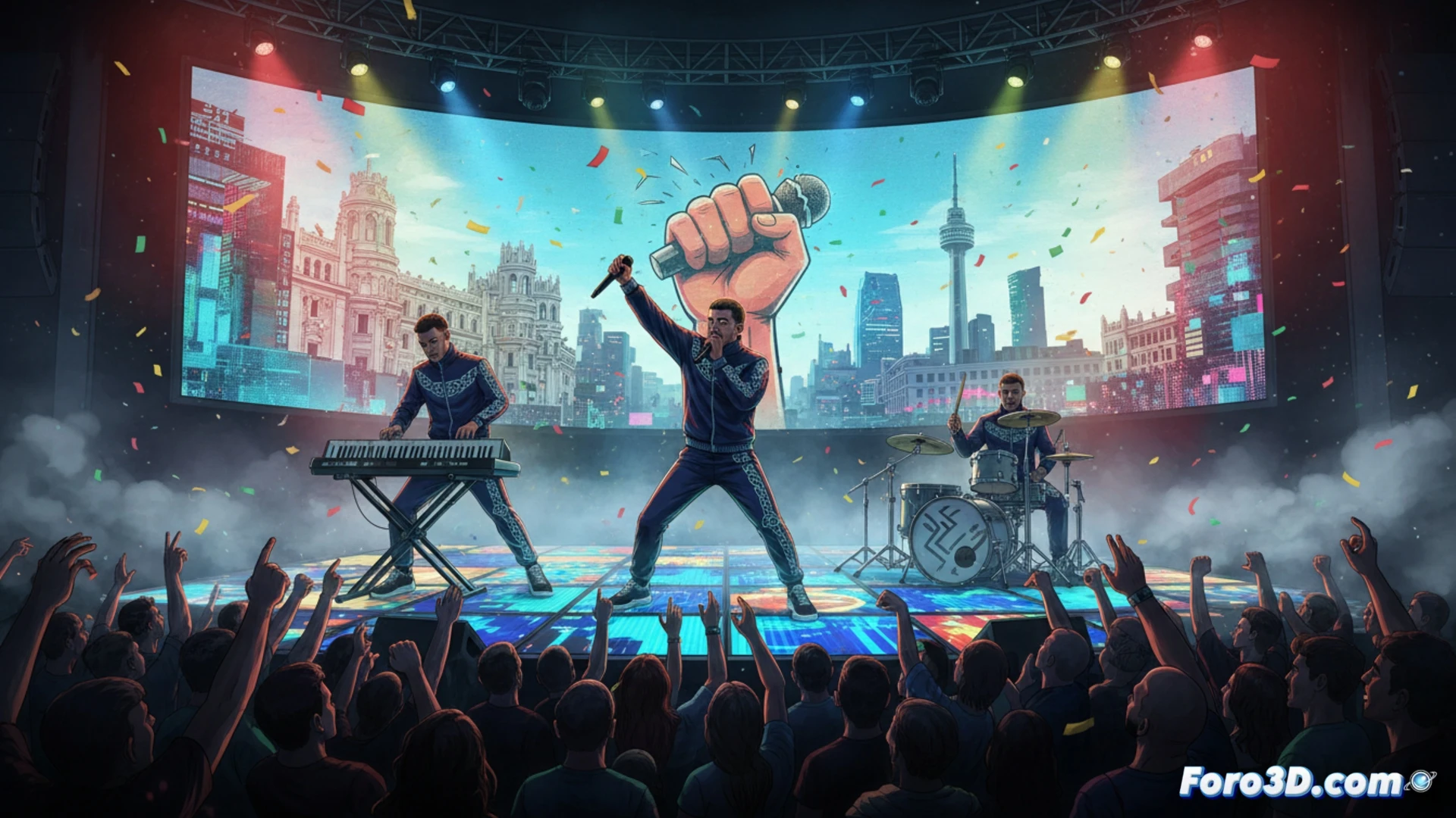 three musicians performing on a dimly lit stage, one holding a microphone and gesturing passionately, another playing a synthesizer with glowing buttons and cables, the third triggering drum pads and samplers, green and red LEDs flashing on audio interfaces and mixers, crowd of raised fists and smiling faces in foreground, political stencil graffiti on amplifiers, smoke machine haze catching colored spotlights, cinematic concert photography style, high contrast lighting, motion blur on jumping audience members, photorealistic live music documentation