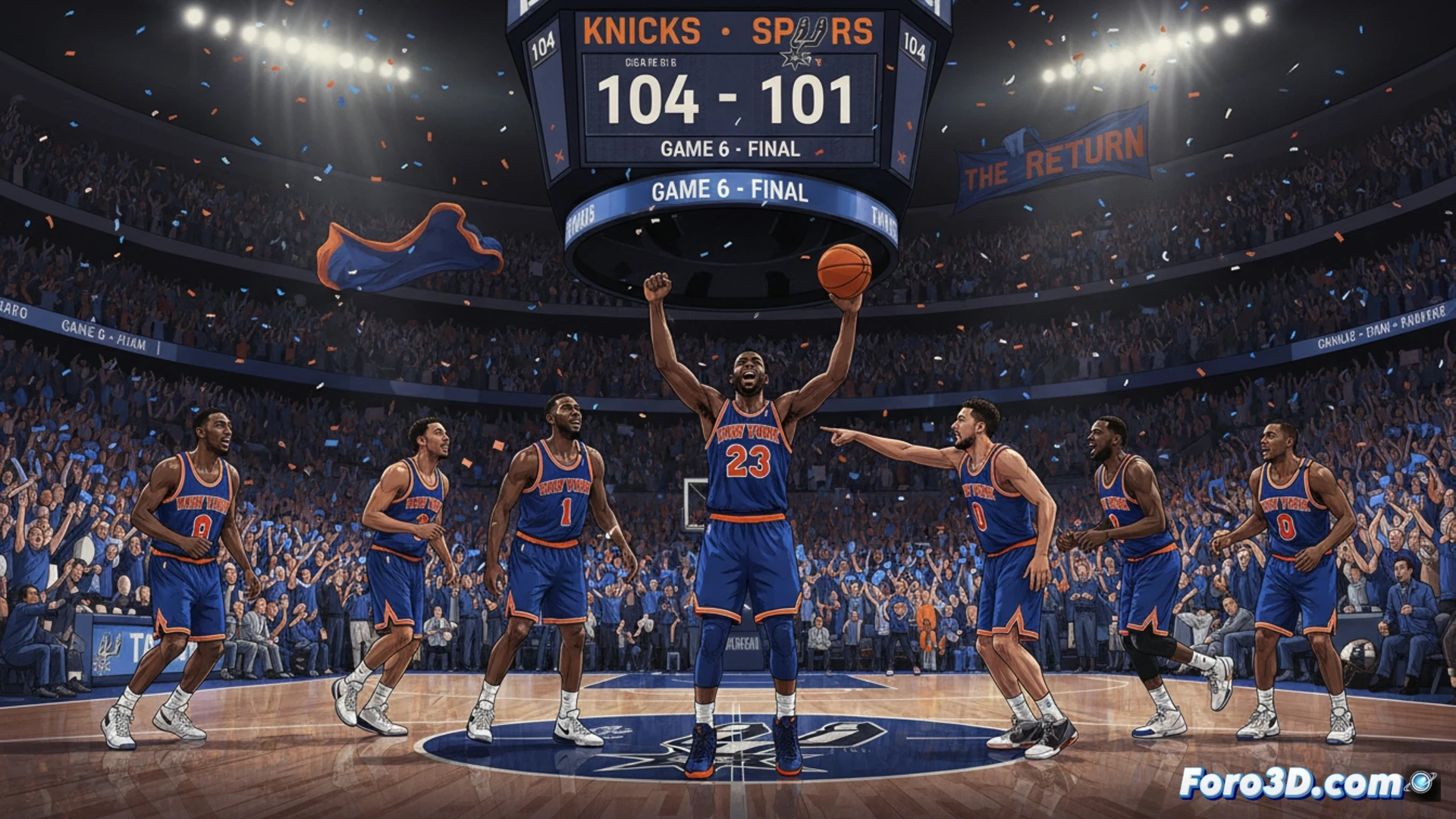 basketball arena packed crowd roaring, Knicks player mid-air dunking ball with one hand, defender falling backward off-balance, glowing scoreboard showing comeback margin, hardwood floor reflection, defensive players scrambling under basket, cinematic sports photography style, dramatic arena lighting, sweat droplets frozen in motion, intense facial expressions, motion blur on jersey numbers, photorealistic action shot, high contrast shadows, deep blue and orange team colors, ultra-detailed muscle tension and fabric folds