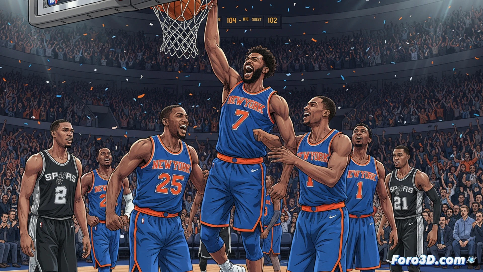 Un jugador de los Knicks celebra tras anotar, mientras la afición neoyorquina estalla de júbilo.