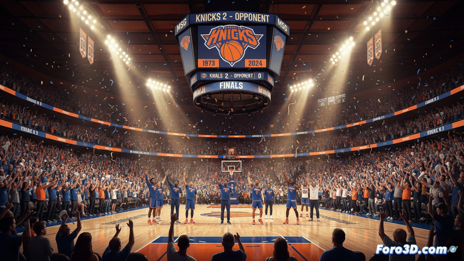 Madison Square Garden arena interior at night, packed crowd roaring with arms raised, court lights illuminating a Knicks player mid-dunk with ball slamming through net, championship banners visible above, motion blur on fans waving, dramatic spotlight beams cutting through haze, photorealistic cinematic style, deep blue and orange team colors, sweat droplets frozen mid-air, intense dynamic action, ultra-detailed crowd faces and jersey textures, high-contrast arena lighting, technical sports photography aesthetic