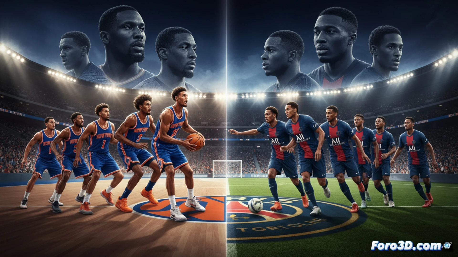 two basketball silhouettes passing a glowing orange ball between them on a cracked court floor, while a single star above shatters into dust, a digital blueprint of team playbook lines weaving through the scene, photorealistic technical illustration, dramatic stadium lighting with dark shadows, motion blur on the ball trajectory, metallic court surface reflecting faint orange glow, industrial concrete background with exposed pipes, cinematic action shot during a fast-break play, showing collective movement over individual spotlight