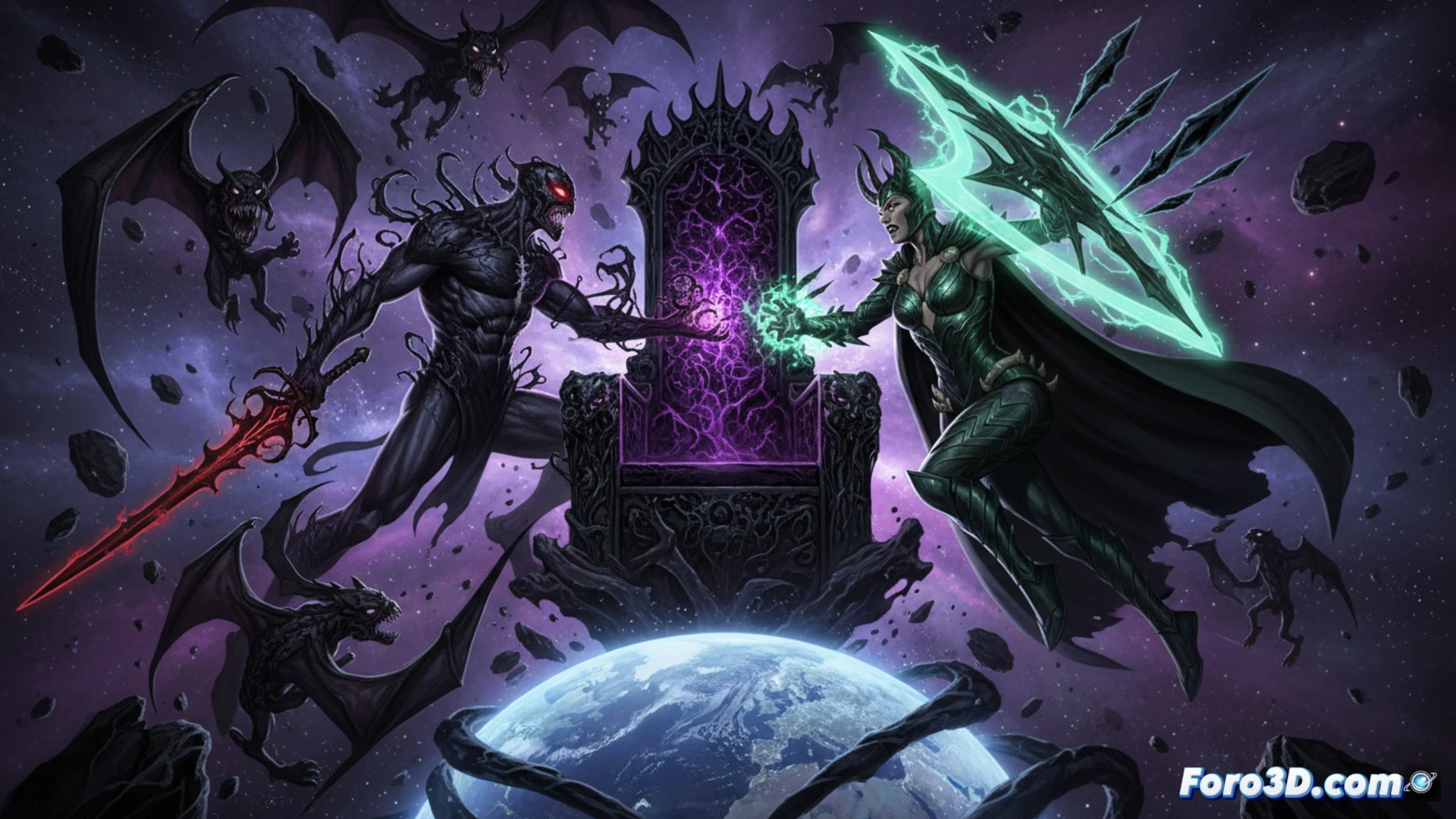 cosmic throne room collapsing into black void, Knull and Hela mid-strike with symbiote tendrils and necroswords clashing against each other, throne of everything glowing with raw reality-altering energy, fractured spacetime around them showing multiple Marvel dimensions, symbiote intelligence creeping along broken stone pillars, cinematic cosmic battle scene, photorealistic digital painting, dramatic chiaroscuro lighting, black and green energy trails mixing with shadowy purple mist, ultra-detailed character armor textures, debris floating in zero gravity, high contrast epic composition, 8k technical illustration style