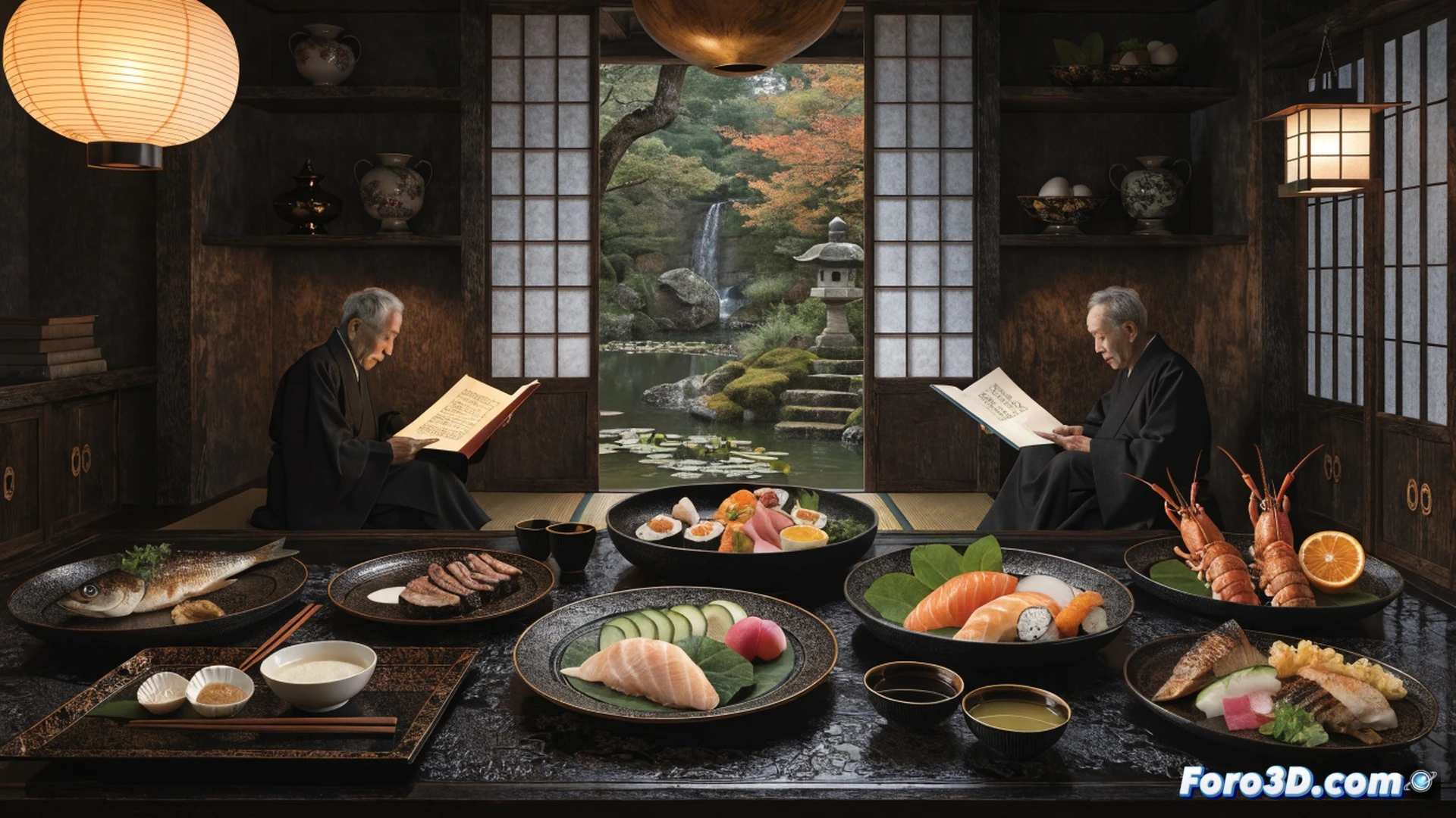 Traditional Japanese kaiseki dinner scene at Kodaiji Wakuden, chef plating a miniature ceramic bowl while arranging a single maple leaf and petal-shaped tofu, steam rising from a lacquer soup dish, visible calligraphy brush and ink stone on a side table referencing classical poetry, tatami floor, soft lantern light casting shadows, poetic seasonal ingredients like chrysanthemum and persimmon being arranged, photorealistic cinematic composition, deep wooden textures, subtle bokeh, refined stillness, evening atmosphere, warm amber tones, meticulous culinary precision demonstrated during plating process