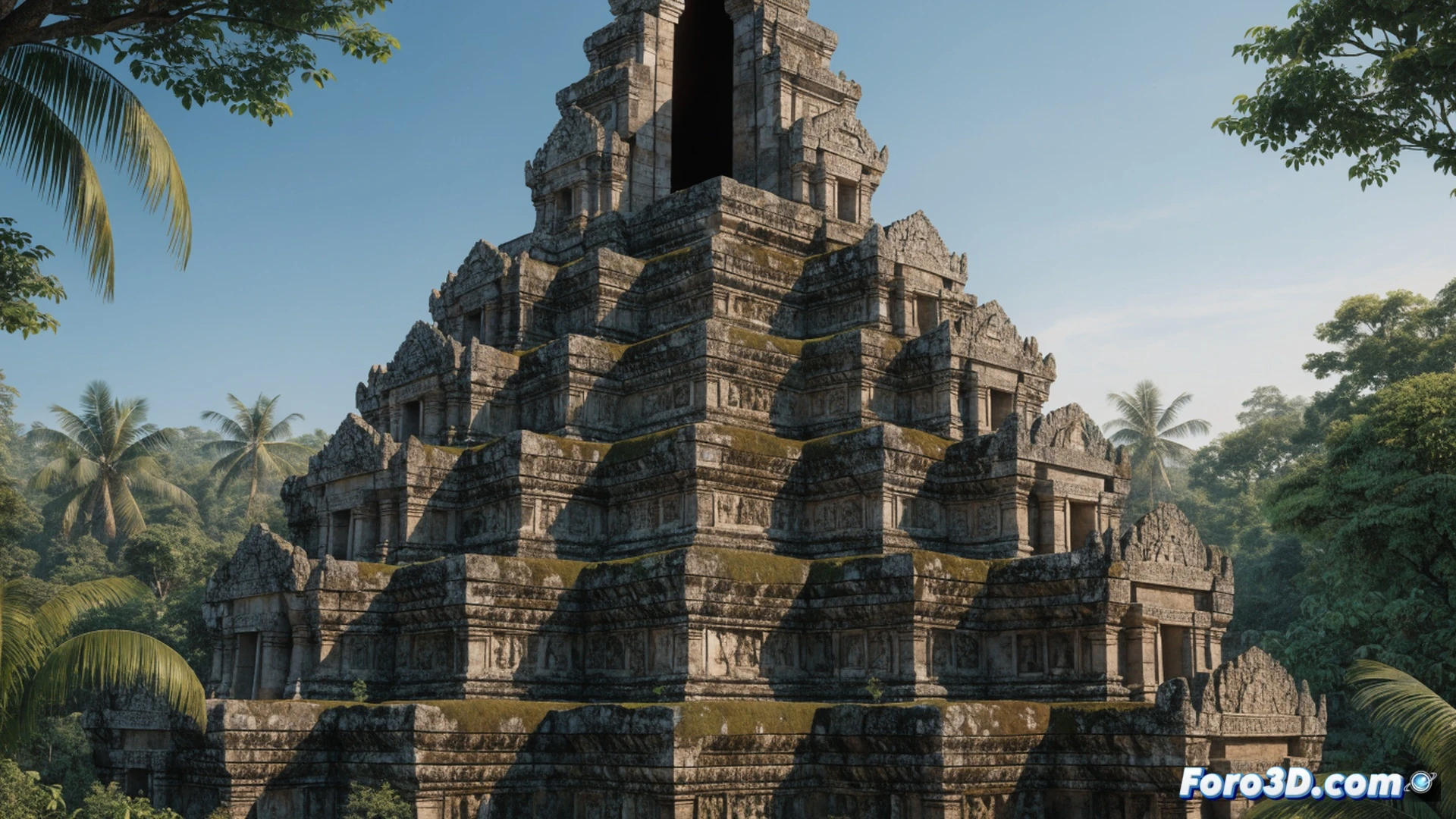 seven-level step pyramid emerging from dense Cambodian jungle canopy, massive stone blocks covered in moss and lichen, top platform featuring a dark vertical shaft descending 15 meters into unknown depths, ancient stone tools and ropes lying near the edge, shadowy figure of an archaeologist using a laser distance measurer while kneeling at the shaft rim, measuring device emitting a red beam into the abyss, tropical sunlight piercing through leaves creating dramatic light beams, moss-covered sandstone steps leading upward, mysterious atmosphere with deep shadows inside the pit, photorealistic cinematic archaeology render, ultra-detailed stone textures, dramatic chiaroscuro lighting