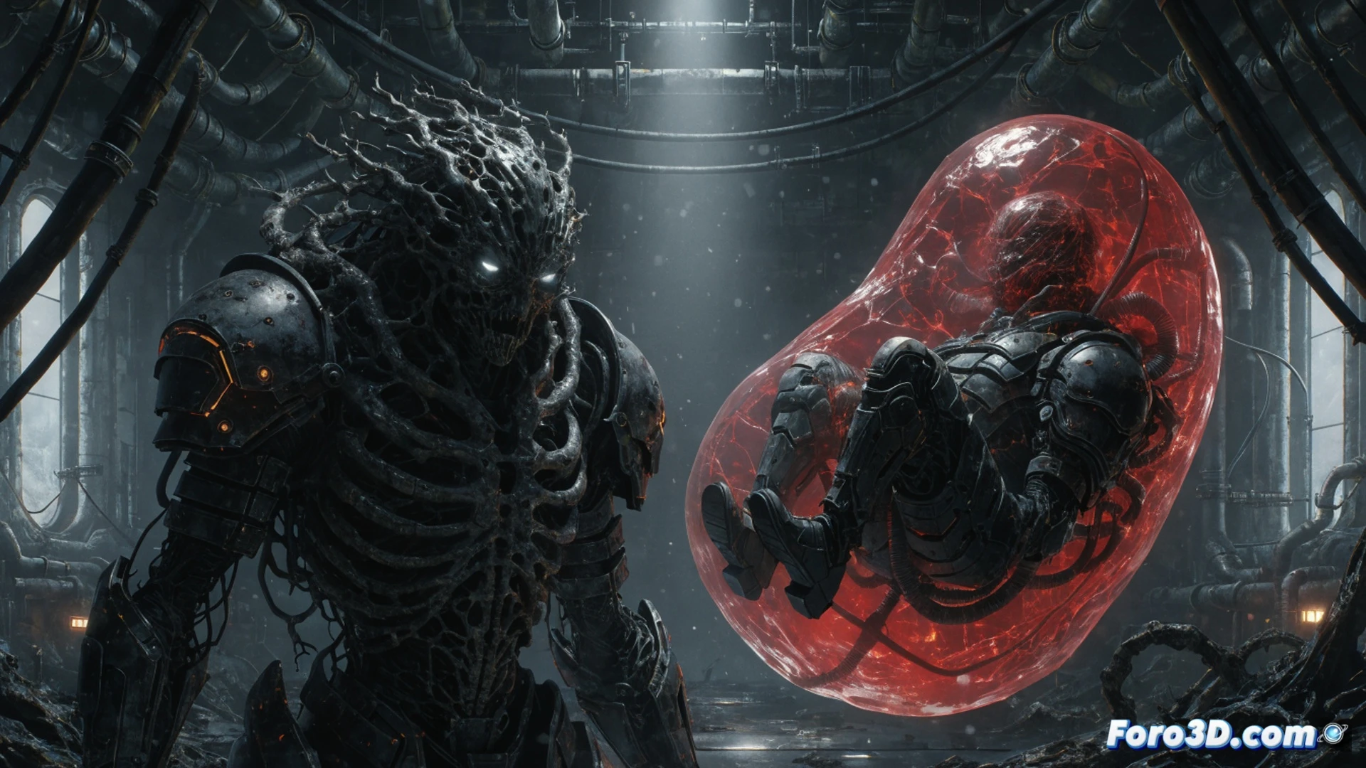 cinematic scene of a player gripping a VR controller inside a dark neon-lit room, a glowing digital safety mechanism appearing as a floating lifeline interface mid-air, holographic heartbeat monitor pulsing on the player wrist, while a monstrous shadow creature looms in the background behind a translucent barrier, the player hand reaching toward the safety button, ultra-detailed game engine visualization, photorealistic technical render, dramatic volumetric lighting, motion blur on the creature tentacles, glowing safety icon with particle trails, high-contrast horror atmosphere, realistic skin texture and controller details, 8K cinematic quality