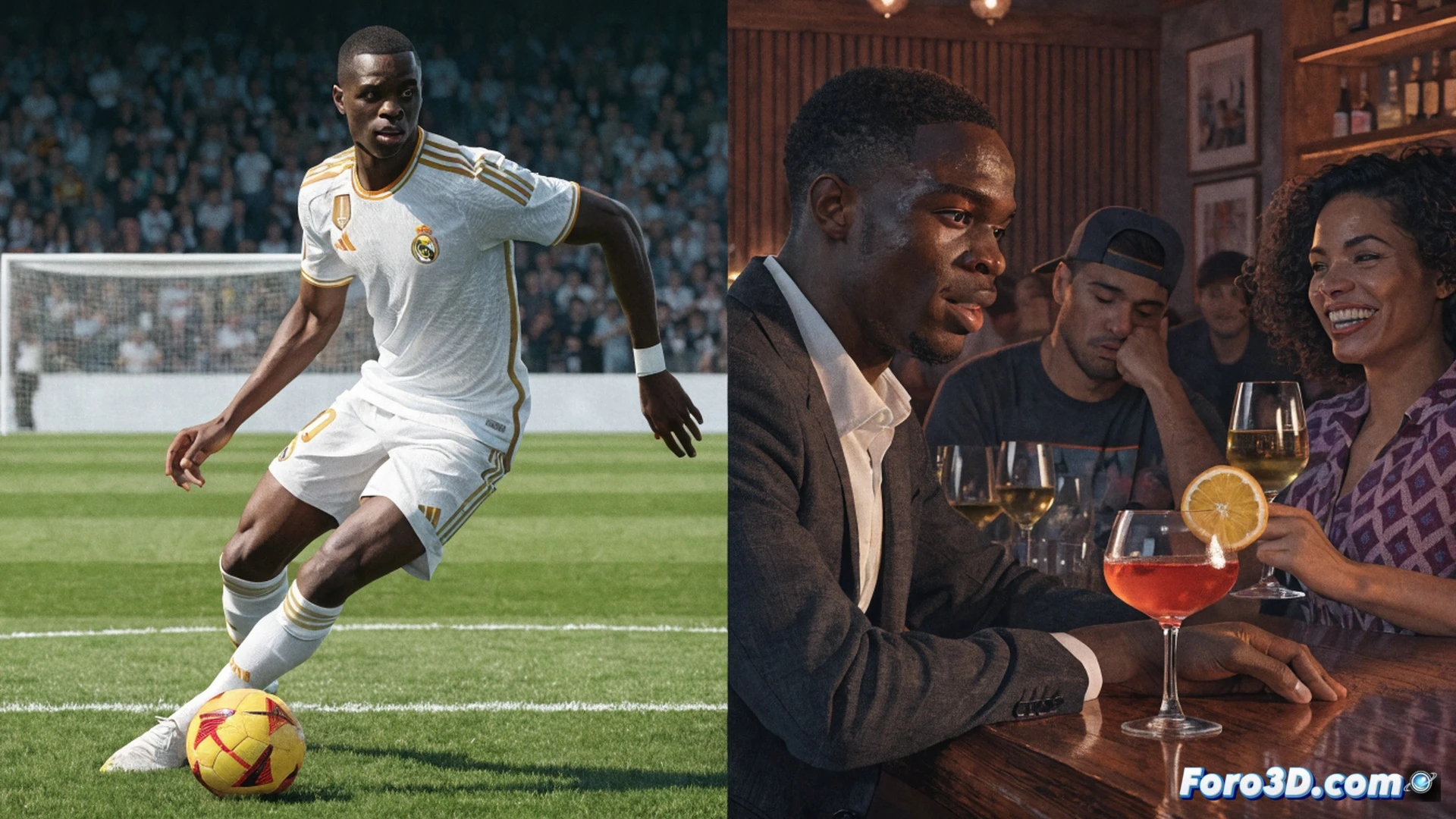 Real Madrid defensive line formation, Ibrahima Konaté in white jersey executing a sliding tackle against a red-shirted opponent, ball intercepted mid-action, Santiago Bernabéu grass texture, tactical positioning diagram overlay showing defensive zone coverage, stadium floodlights creating dramatic shadows, motion blur on players legs, high-intensity match moment, photorealistic sports photography style, technical analysis markers indicating interception trajectory and defensive shift, ultra-detailed kit fabric and boot studs, cinematic depth of field, crowd blurred background, 4K professional football render