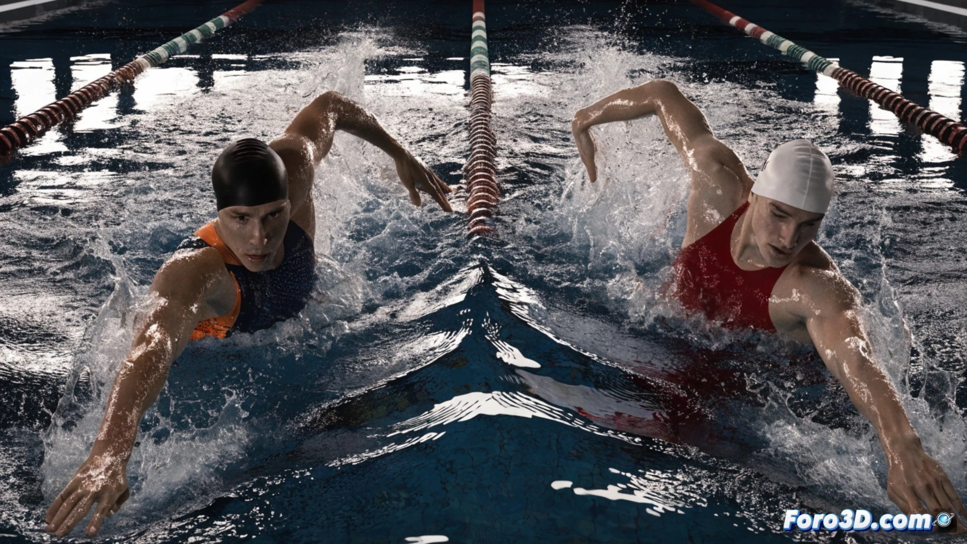 Competitive swimming race start moment, two male swimmers in lane ropes, one in red cap Russian suit lunging forward, second in green cap Australian suit half body length ahead, water splash explosion from dive entry, lane dividers with floating buoys, digital timing board showing 21.12 and 21.06 split times, underwater camera angle capturing powerful arm stroke and leg kick, high-speed motion blur on water surface, photorealistic sports photography style, dramatic stadium lighting with blue pool reflection, ultra-detailed muscle definition and swim cap texture, cinematic action freeze-frame