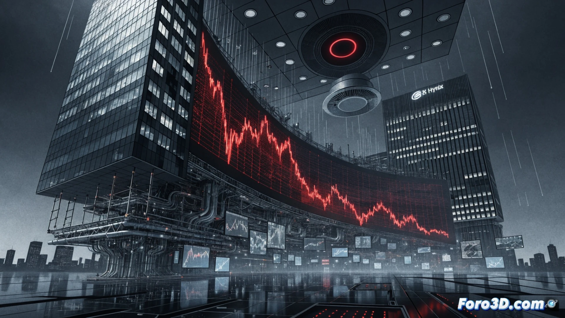 photorealistic technical illustration of Kospi stock market crash, South Korean exchange floor with massive red digital screens showing 10% drop, Samsung and SK Hynix stock tickers flashing -12%, traders in panic selling motion, automated trading pause mechanism activating with glowing red warning lights, server racks overheating with warning indicators, cooling fans spinning at maximum speed, fiber optic cables transmitting sell orders, dramatic cinematic lighting with red and amber tones, sweat on traders faces, blurred motion of hands pressing sell buttons, ultra-detailed financial hardware, high-contrast industrial atmosphere
