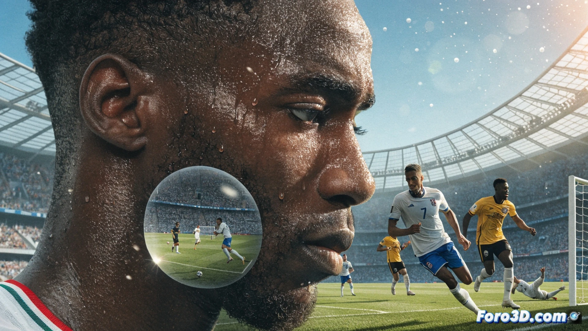 Kalidou Koulibaly in Senegal team jersey, head bowed while holding a broken tactical tablet showing a football formation, match scoreboard in background displaying 3-2 defeat, teammates with disappointed expressions, stadium lights casting harsh shadows, grass field with worn patches from intense play, close-up of tablet screen with cracked display showing red error indicators, photorealistic sports editorial style, dramatic low-angle shot, visible sweat and tension, cinematic atmosphere with deep shadows and cool stadium lighting