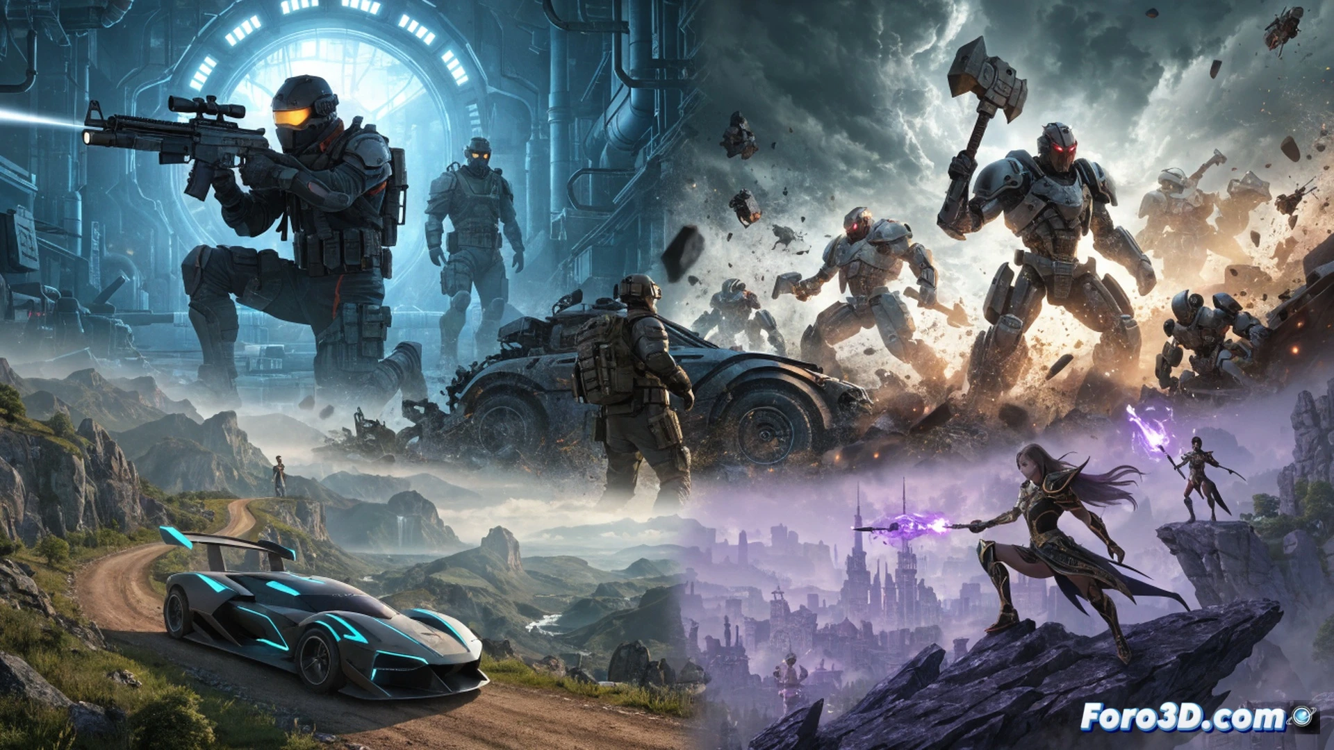 Krafton booth at Gamescom 2026, five gaming stations side by side, a player aiming a tactical rifle in No Law while teammates breach a door, another player driving a futuristic kart in Age Twisters during a sharp drift, a third player coordinating a drone scan in Project ZETA, all screens glowing with distinct HUD elements, neon lights reflecting on polished floor, cinematic wide shot, photorealistic render, dynamic action poses, motion blur on racing vehicle, smoke particles from tactical shooter, deep shadows and bright cyan highlights, ultra-detailed gaming peripherals and booth architecture