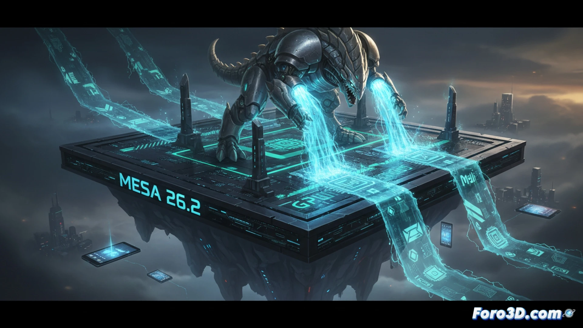 Un compilador KRAID ilumina un chip Mali en una placa base, con el logo de Mesa 26.2 brillando sobre tablets y teléfonos fluidos.