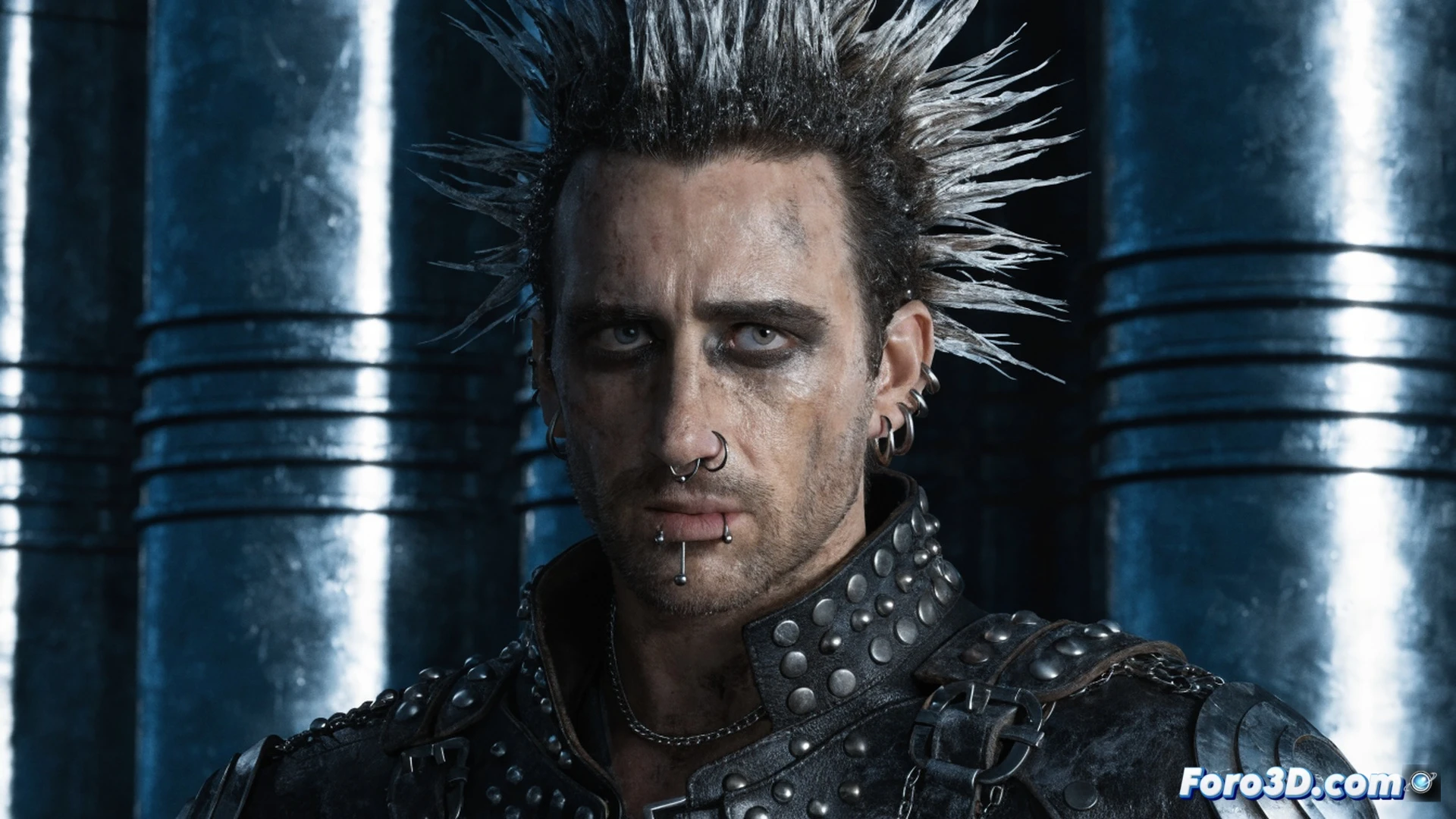 Krem villano de Supergirl transformándose en un estudio de vestuario postapocalíptico, actor Matthias Schoenaerts ajustando chaqueta de cuero negro con tachuelas metálicas mientras un técnico coloca piercings faciales de acero, fondo con maniquíes rotos y cadenas colgantes, estética Mad Max con luces de neón rojo y humo industrial, herramientas de modificación sobre mesa metálica, mostrando el proceso de cambio radical de look, cinematográfica y fotorrealista, iluminación dramática con sombras duras, texturas de cuero desgastado y óxido, detalle hiperrealista en costuras y perforaciones