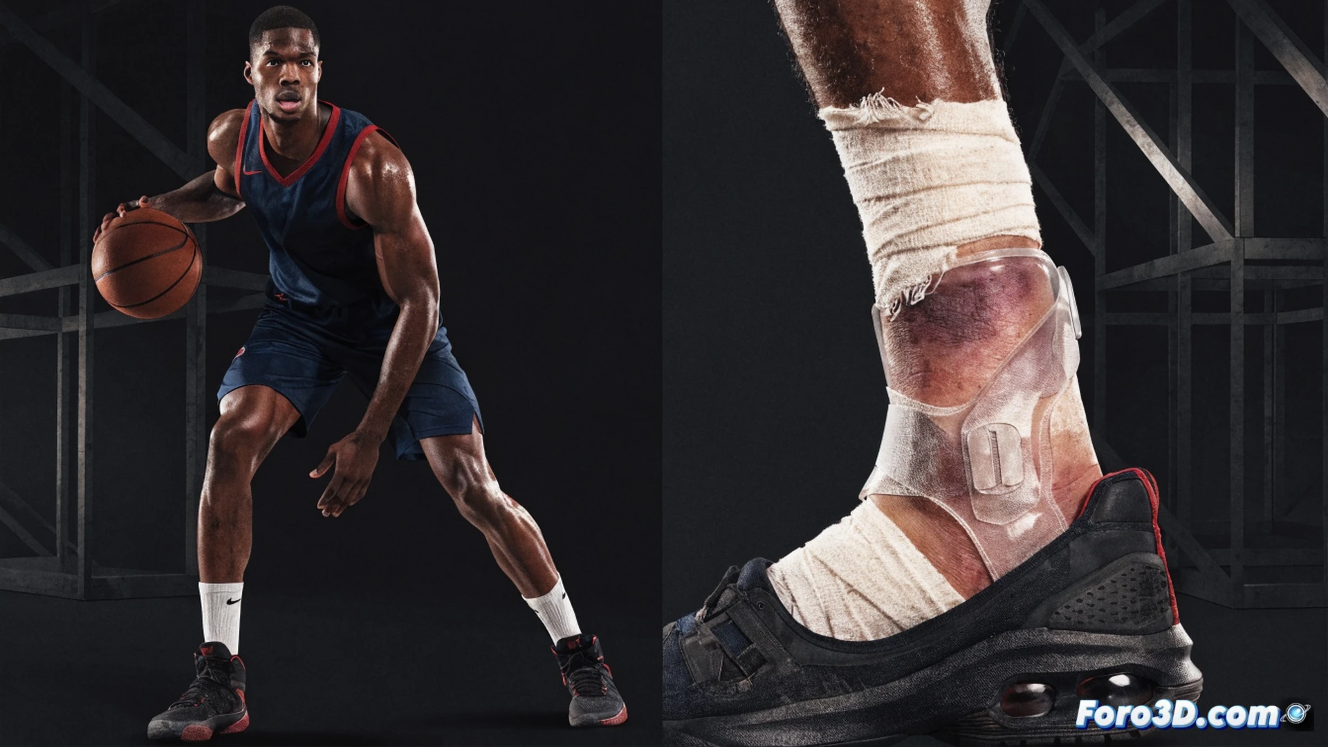 basketball player mid-air steal attempt, arm span of 2.06 meters fully extended, fingers reaching for a pass, dynamic defensive stance, glossy hardwood court reflection, motion blur on fast break transition, three opposing players blurred in background, technical biomechanical overlay showing joint angles, muscle tension lines in legs and torso, photorealistic cinematic render, dramatic arena lighting from above, sweat droplets frozen in motion, high-speed action shot, dark jersey contrast against bright court, ultra-detailed fabric texture, engineering visualization style