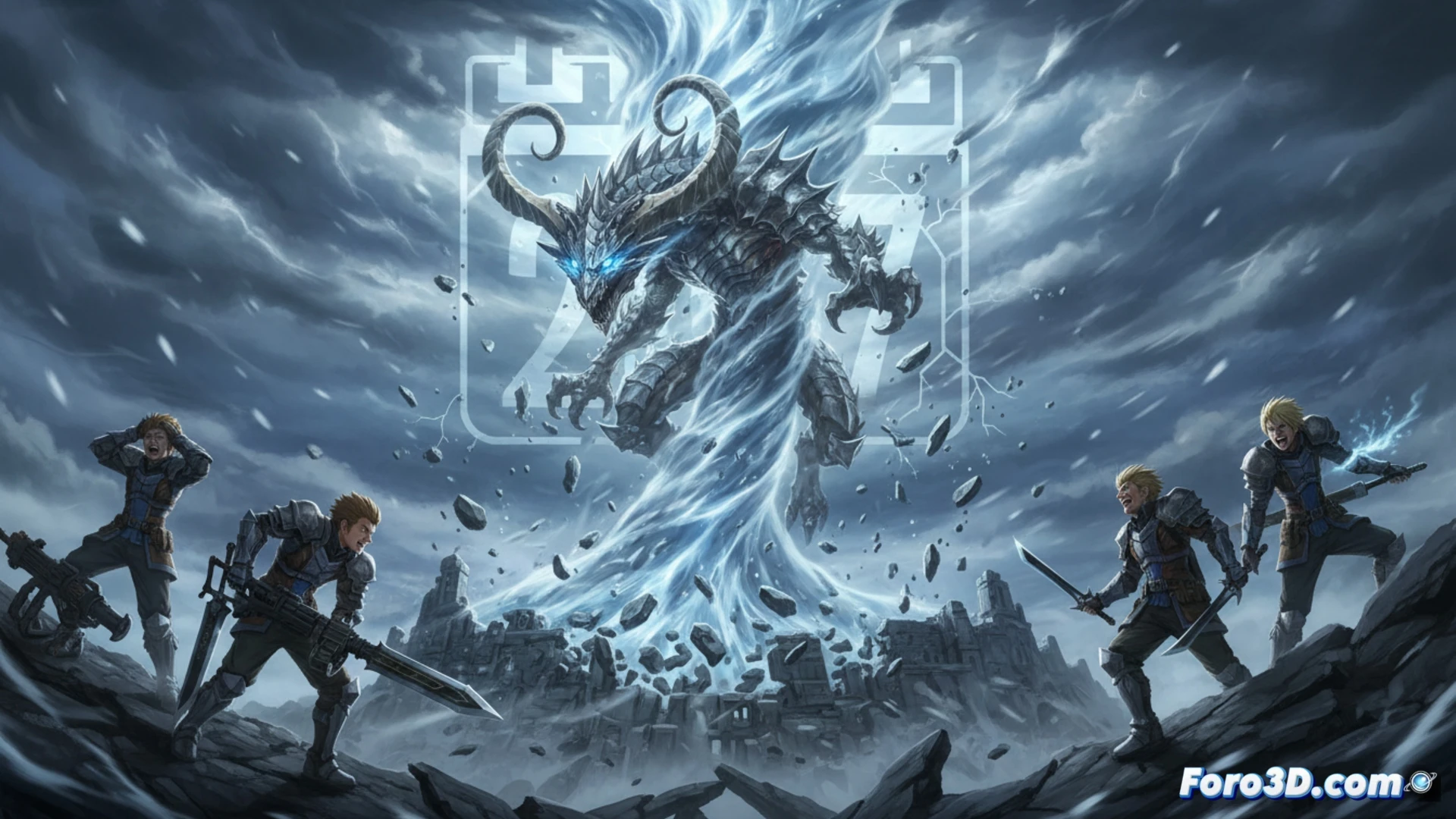 Kushala Daora steel scales catching harsh wind currents, ancient dragon hovering above a fractured stone arena, metallic gusts lifting broken hunter equipment and torn fabric into a swirling vortex, glowing blue veins on wings pulsing during a cyclone attack, cinematic photorealistic engineering visualization, dramatic storm lighting, debris trajectories traced with sharp white streaks, ultra-detailed dragon armor texture, turbulent airflow distorting the background, dark grey storm clouds, intense action frozen mid-roar