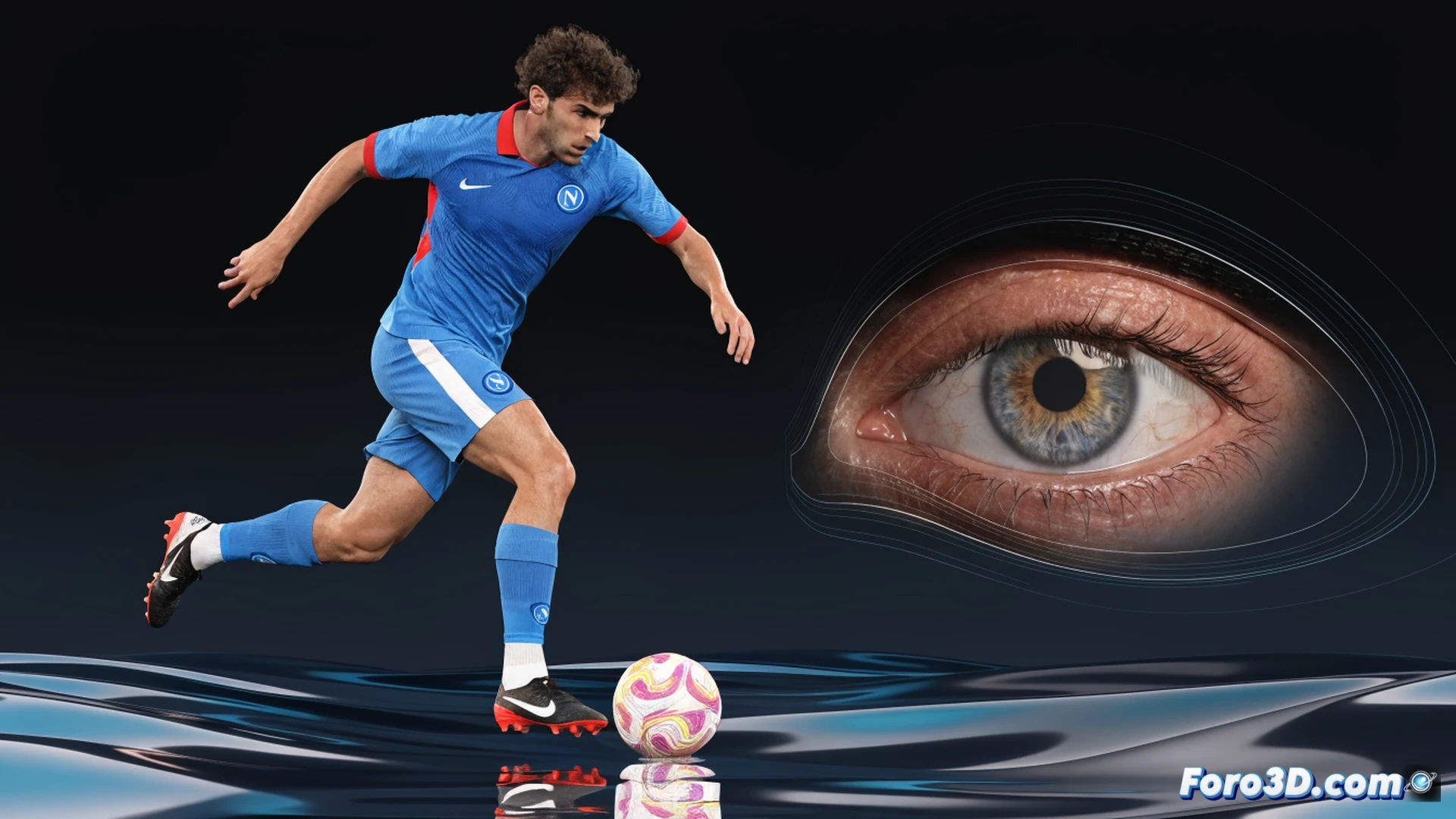 georgian footballer in explosive dribbling action, left foot striking ball with intense spin, 3D motion capture skeleton overlay showing hip rotation and ankle flexion, defenders frozen in desperate tackle attempt, stadium floodlights casting harsh shadows on wet grass, ball trajectory traced with glowing dotted arc, technical biomechanical visualization, photorealistic cinematic render, muscle definition visible through kit, dynamic camera angle from ground level, ultra-detailed facial expression of concentration, speed lines around legs, engineering-style annotation lines showing joint angles