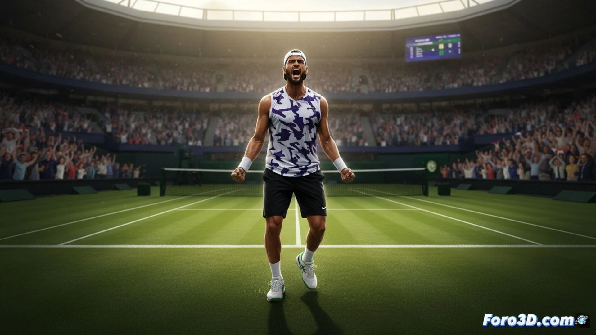 Nick Kyrgios executing a powerful serve on grass court during Stuttgart Open, racket striking ball at peak extension, ball compression visible with seam lines, grass blades flying upward from foot traction, net tension cables vibrating, crowd blurred in background, bright sunlight casting sharp shadows, green and white court lines, photorealistic sports photography style, high-speed action freeze frame, sweat droplets suspended mid-air, dynamic athletic pose, dramatic stadium lighting