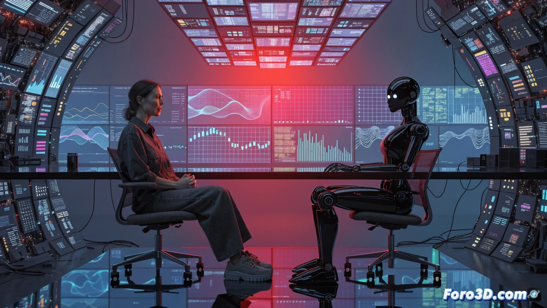 Photorealistic cinematic scene of a glowing smartphone screen showing a smiling chatbot icon with open digital hands reaching toward a user, while translucent data streams labeled with padlock icons and server racks visibly siphon personal information from the chat bubbles, the user’s shadow morphing into a faceless silhouette, dark moody lighting with blue and red neon accents, hyperdetailed screen reflections, metallic phone edge, surveillance camera lens reflection in background, dramatic contrast between warm empathetic chatbot face and cold data-mining infrastructure, technical illustration style with circuit board patterns faintly visible in the background