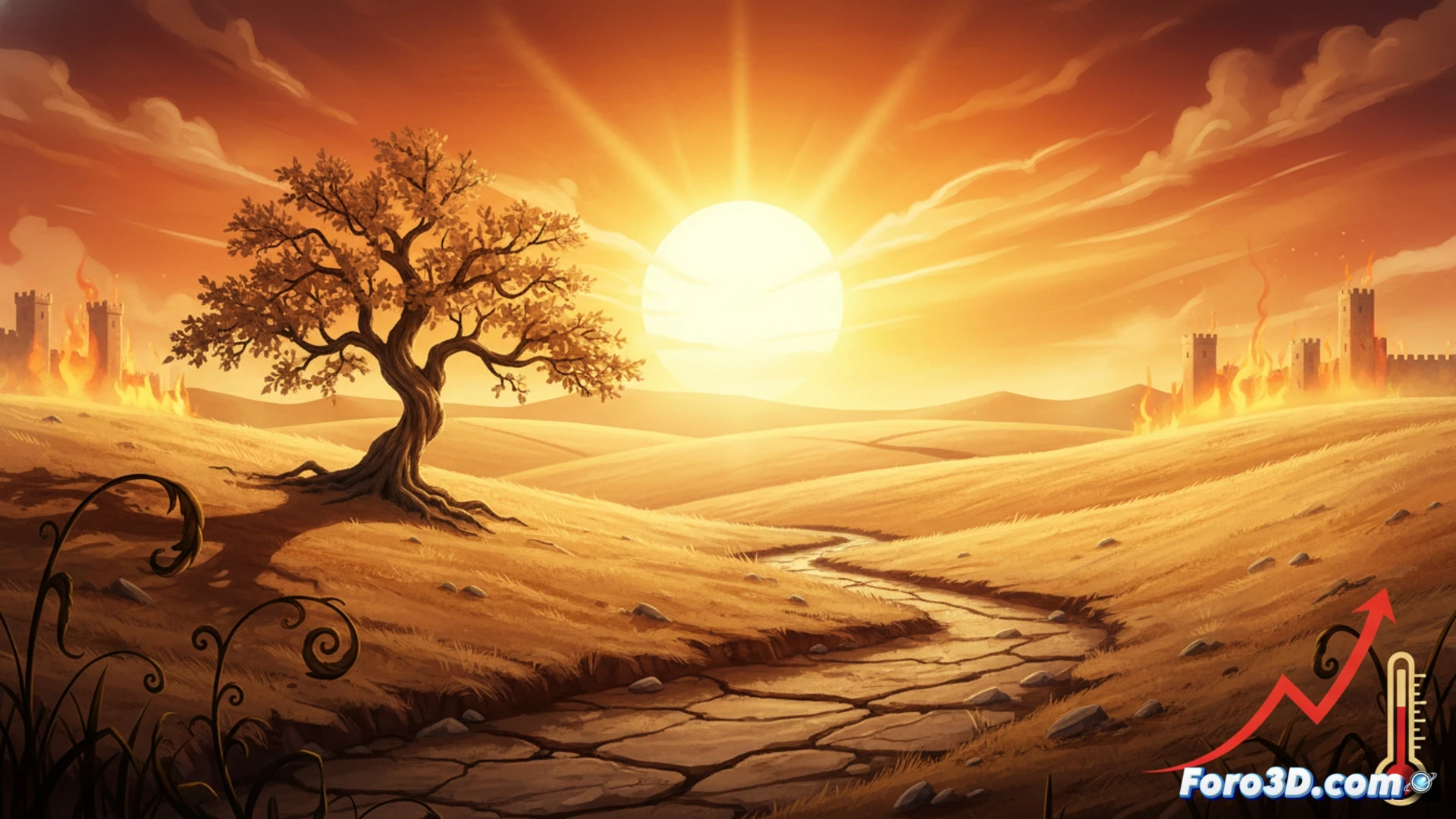 Castilla y León heatwave return, digital weather station screen showing temperature rising from 28 to 36 degrees Celsius, map of Castilla y León with glowing red heat zones over Zamora and Valladolid, large outdoor thermometer in a sunlit plaza climbing past 35 degrees, heat haze distorting distant buildings and pavement, cinematic photorealistic visualization, bright harsh sunlight casting sharp shadows, dry landscape with cracked earth visible in foreground, dramatic summer atmosphere, ultra-detailed meteorological equipment and urban environment