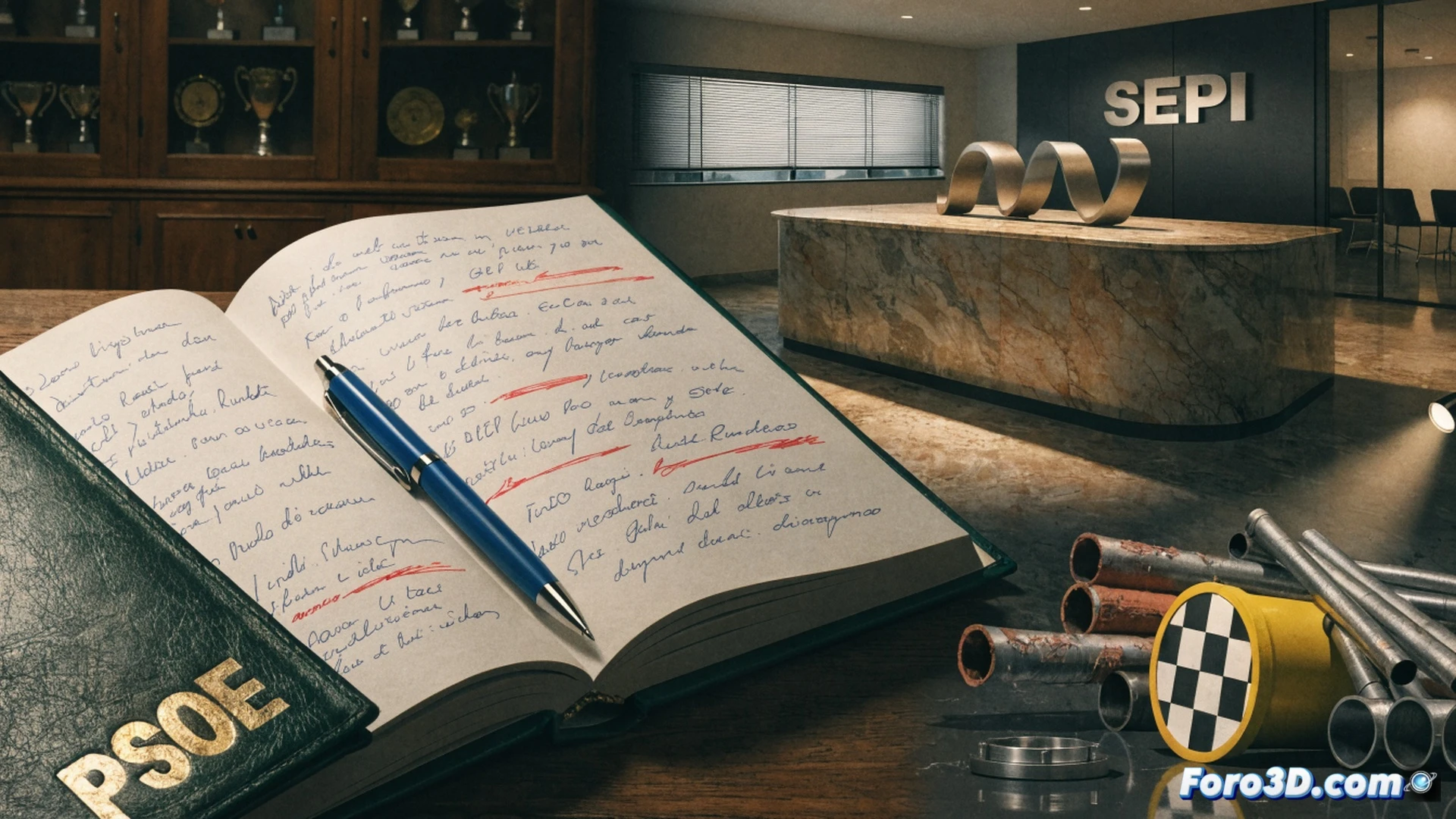 High-angle view of a government office desk, a leather-bound agenda open with handwritten notes visible, a magnifying glass hovering over a page with financial figures, a stack of euro bills and a steel pipe component beside it, a shadowy figure in the background pointing at a blueprint of industrial tubes, cinematic lighting with deep shadows, photorealistic style, dramatic contrast between bright desk and dark surroundings, forensic evidence markers on the table, technical investigation atmosphere, ultra-detailed textures of paper and metal