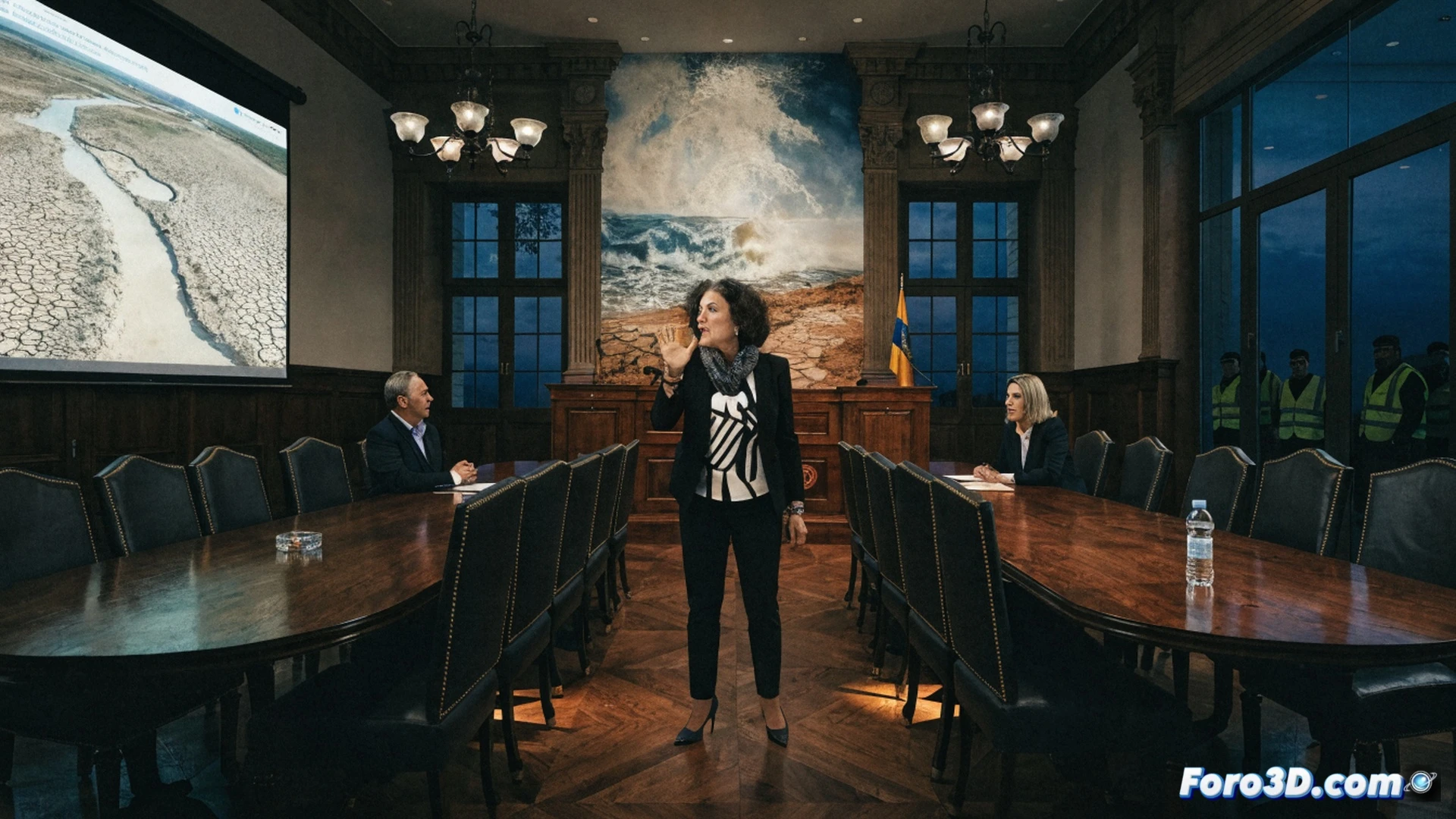small rural town mayor standing at a podium in a municipal meeting room, pointing at a large technical blueprint of a water pipeline network spread across the table, while an engineer holds a tablet displaying a 3D water distribution model, dry cracked earth visible through a window in the background, cinematic photorealistic engineering visualization, warm natural light from the window contrasting with cool LED glow from the tablet screen, dust particles floating in the air, serious focused expressions, detailed wooden podium with microphone, technical documents with hydraulic diagrams, ultra-detailed architectural interior, dramatic institutional lighting