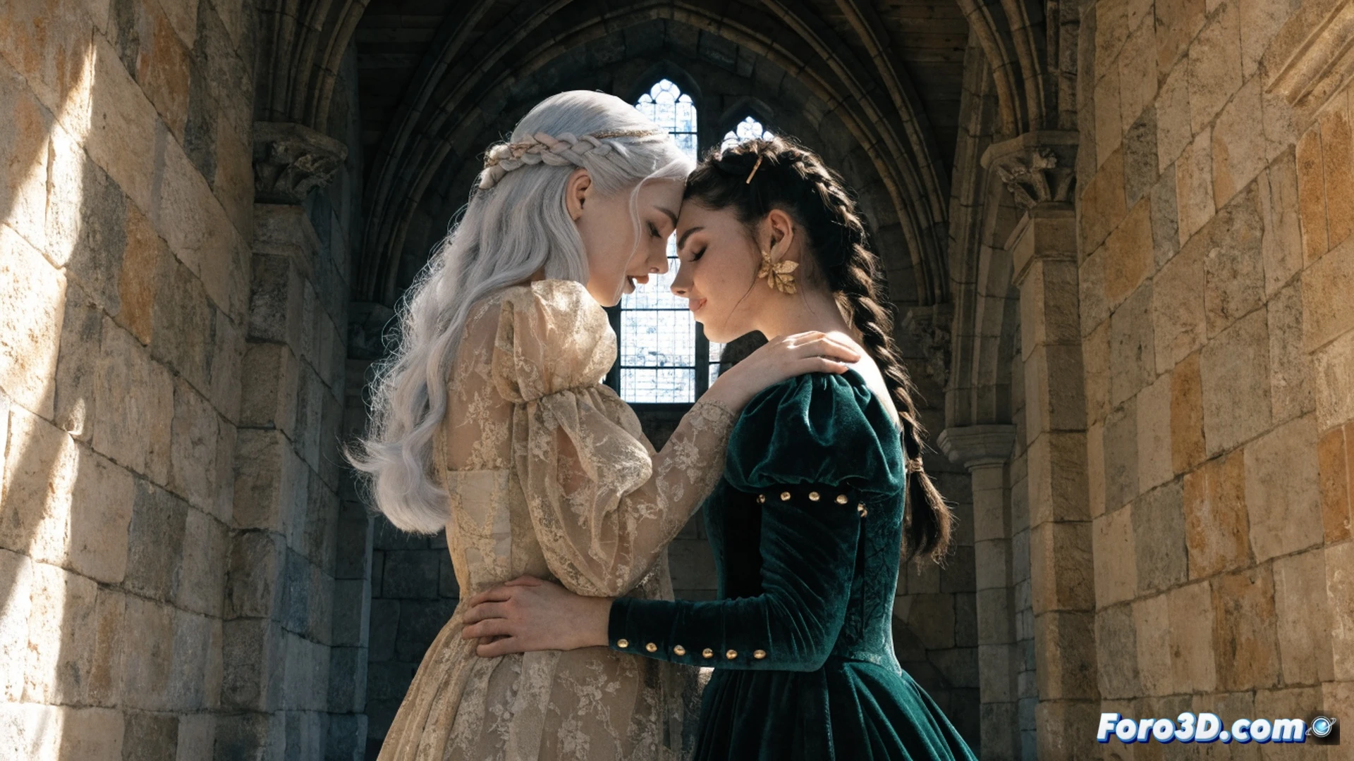 cinematic wide shot of Rhaenyra and Alicent in a tense standoff inside a medieval scriptorium, Rhaenyra holding a dragon egg while Alicent grips a torn page from a book, a broken loom with tangled threads between them symbolizing stretched friendship, warm candlelight casting long shadows on stone walls, photorealistic historical drama style, dramatic chiaroscuro lighting, detailed silk gown textures, dust particles floating in air, emotional tension visible in clenched fists and averted gazes, technical illustration for narrative analysis
