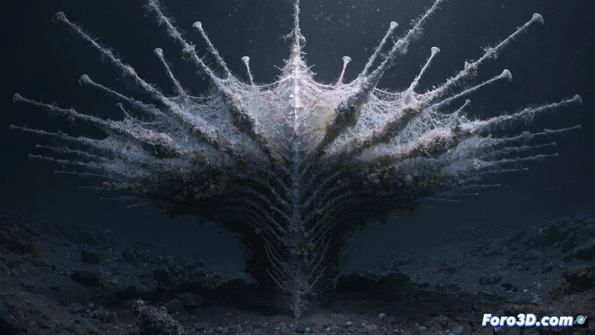 deep-sea ocean floor scene, a vertical symmetrical metallic-like structure rising from dark sediment, resembling an antenna with grid patterns, a research submarine's robotic arm extending toward it with sampling tools, bioluminescent creatures drifting nearby, sediment particles suspended in water, technical underwater engineering visualization, cold blue-green lighting from submersible floodlights, detailed corrosion and texture on the structure, photorealistic cinematic render, showing the moment of scientific investigation