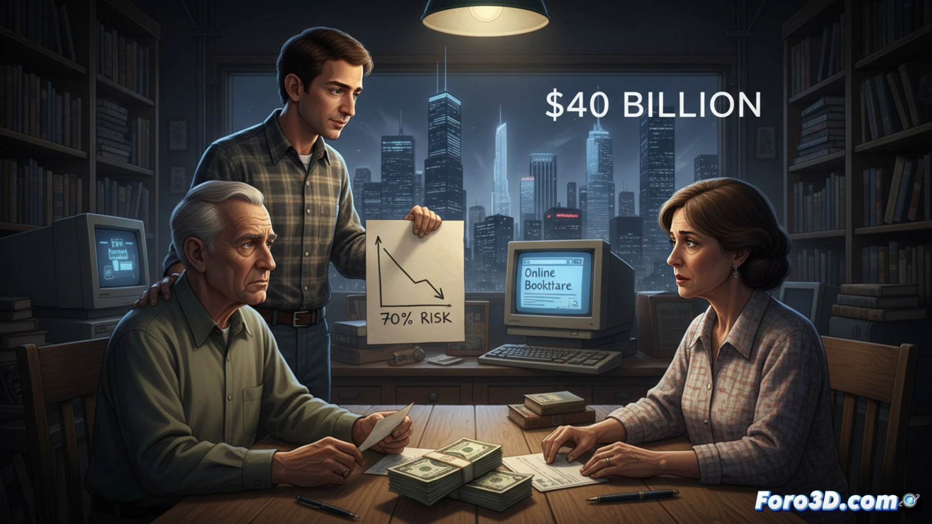 1995 office scene, Jeff Bezos handing a thick envelope to elderly parents across a wooden desk, parents looking at a vintage monitor showing a basic Amazon bookstore webpage, stacks of books and early computer hardware visible, dramatic lighting from desk lamp highlighting the envelope, parental hands hesitating before accepting, cinematic documentary style, warm amber tones contrasting with cool blue screen glow, photorealistic historical reenactment, emotional tension in expressions, 1990s computing equipment including CRT monitor and keyboard, worn leather briefcase open on floor