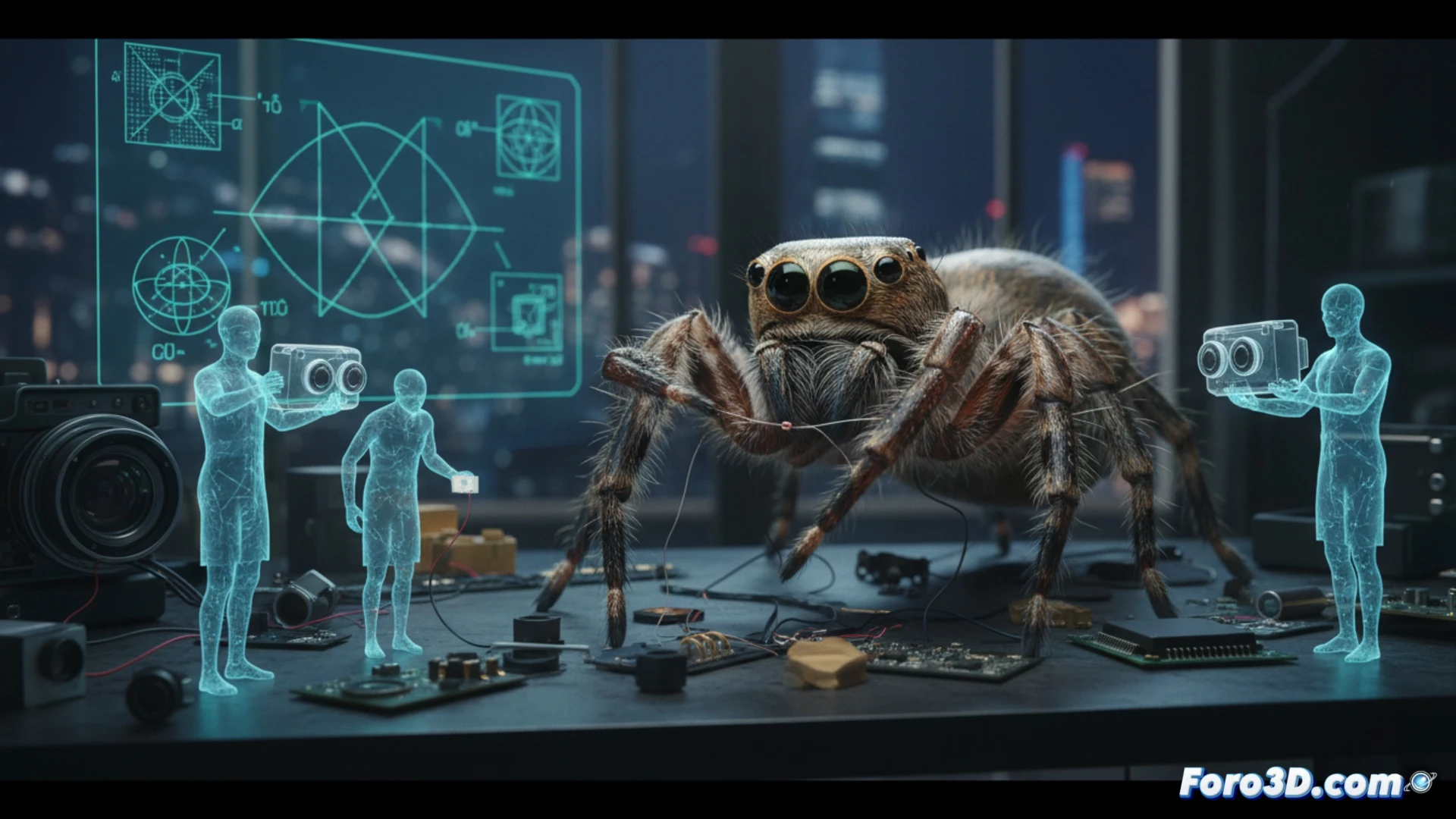 Macro photograph of a jumping spider mid-leap toward a fly, its large principal eyes glowing with crosshair targeting reticles, overlapping transparent blue light beams from eyes intersecting at the prey, beside a disassembled 3D camera showing lens array, circuit board, and optical sensors, technical engineering visualization, photorealistic render, precise depth calculation process illustrated with dashed measurement lines connecting spider eyes to camera components, metallic and plastic hardware details, dramatic dark background with focused spotlight, ultra-sharp textures on spider hairs and camera chips, cinematic lighting