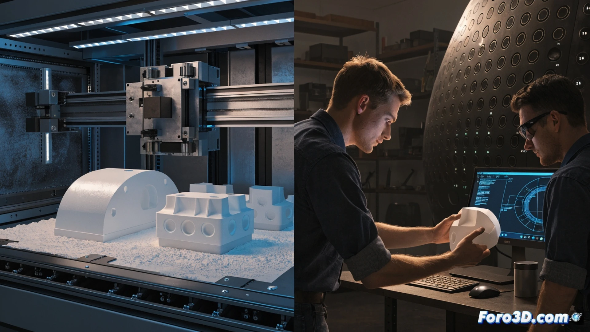 Submarine interior maintenance scene, naval engineers in blue uniforms inspecting a large 3D-printed metal propeller shaft component, industrial robotic arm holding the printed part while a holographic CAD model hovers above, glowing orange print layer lines visible on the component, digital timing display showing four weeks countdown, tools scattered on workbench, maritime workshop lighting with cool blue and warm amber tones, realistic metal textures, dust particles in light beams, technical engineering visualization, photorealistic cinematic style, ultra-detailed mechanical surfaces