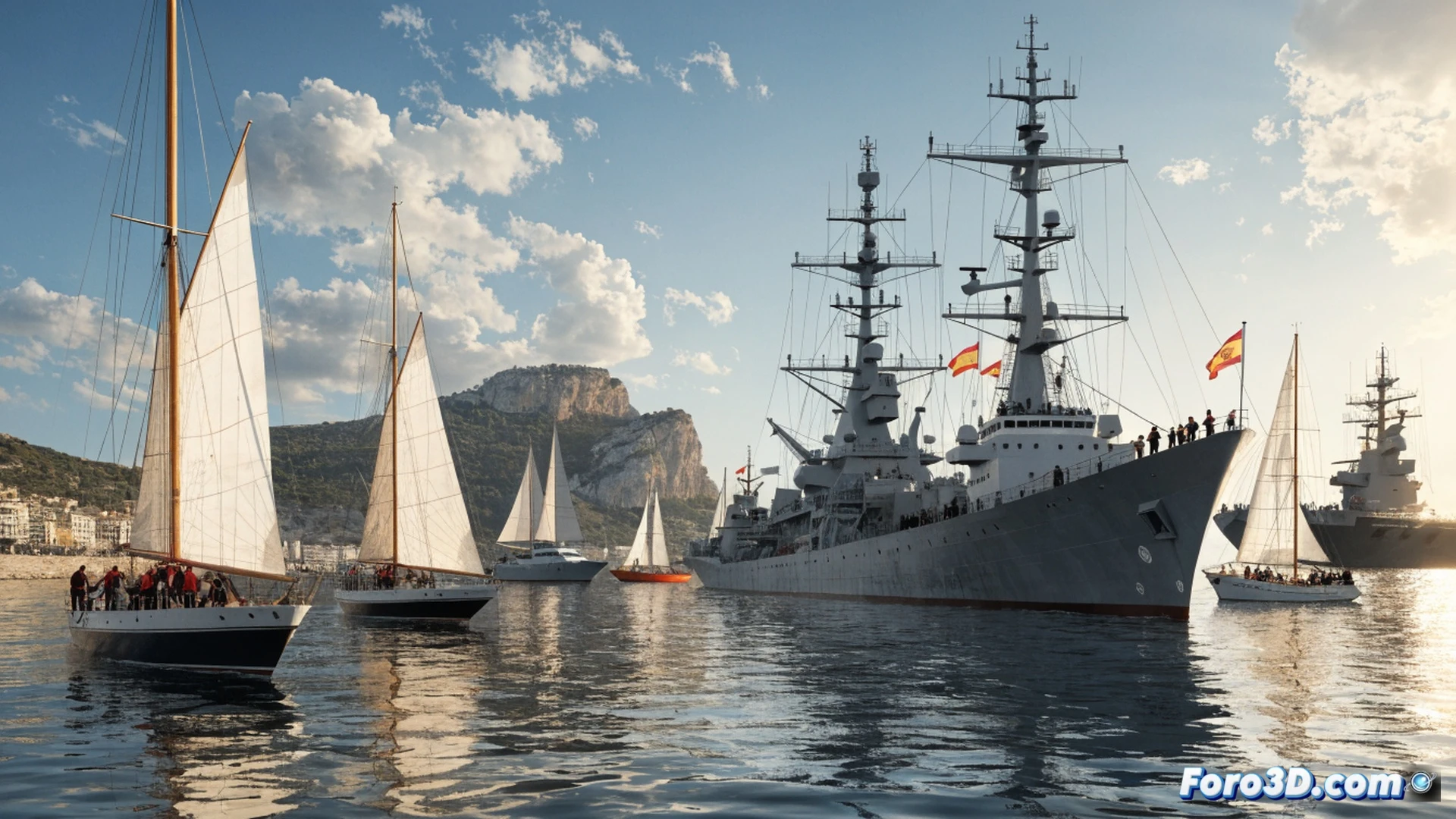 Photorealistic technical illustration of a naval fleet and cruising sailboats navigating together in Palma Bay during the 47th Armed Forces Trophy race. A Spanish Navy vessel with sails raised leads the flotilla, while crew members in uniform trim lines and adjust rigging on deck. Small racing dinghies with bright sails tack nearby, demonstrating close-quarters sailing maneuvers. Morning sunlight reflects off calm Mediterranean waters, illuminating polished wooden decks and metallic winches. Shoreline of Palma Cathedral visible in distant background. Action showing coordinated sail hoisting process, ropes taut under tension, flags fluttering from mastheads. Cinematic maritime engineering visualization with ultra-detailed rigging hardware, turnbuckles, and sail seams. Warm golden hour light, soft sea haze, realistic water caustics. No text or numbers visible.