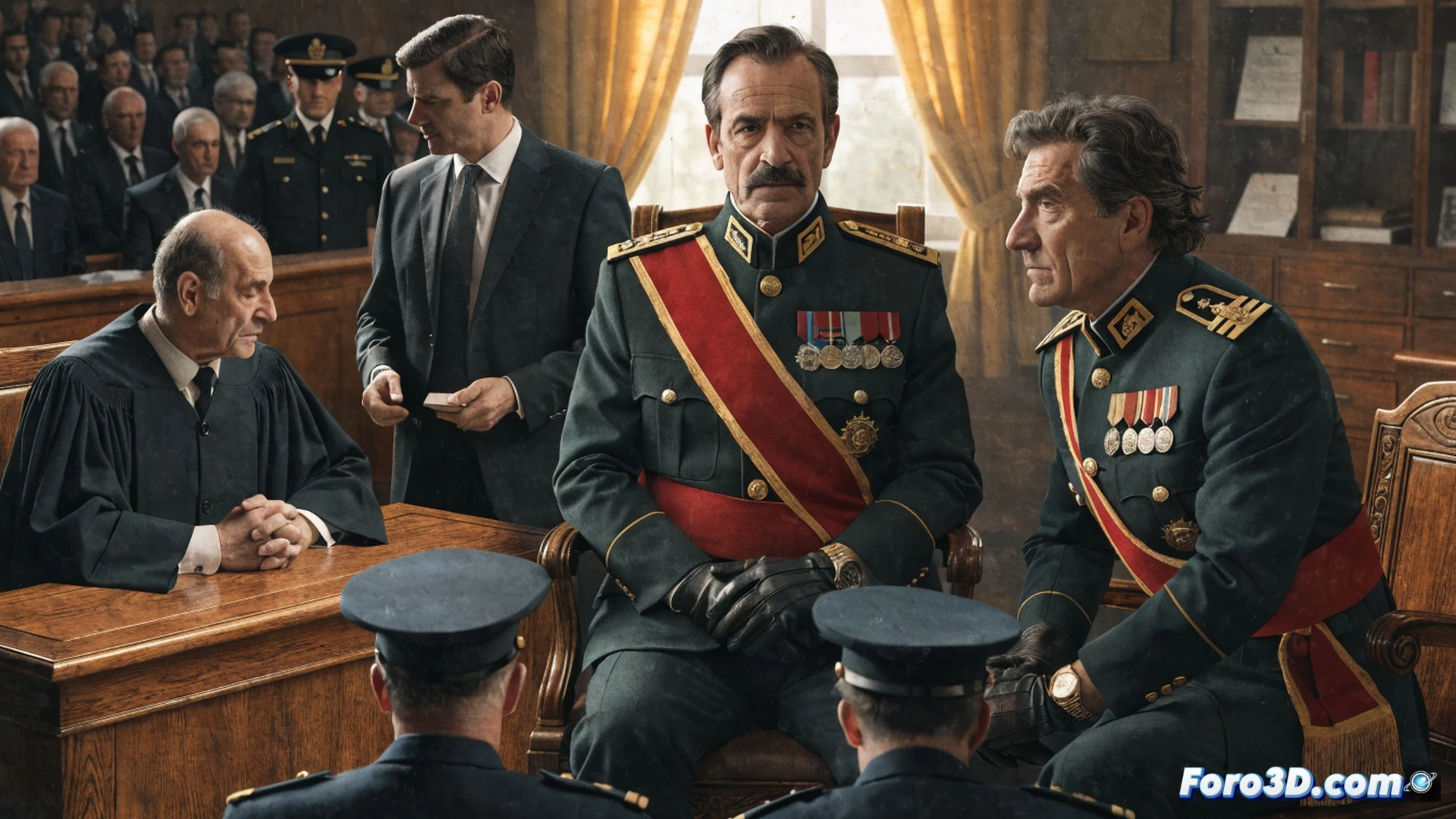 Audiencia Nacional courtroom scene, two Guardia Civil high-ranking officers in formal uniform standing before a judge, one officer placing a hand on a sealed folder marked with official seals, while the other points toward a large digital evidence screen showing blurred document lines and a government crest, dramatic overhead lighting casting long shadows, photorealistic technical illustration, polished wooden benches, tense atmosphere, detailed fabric textures, metallic insignia glinting, cinematic judicial lighting