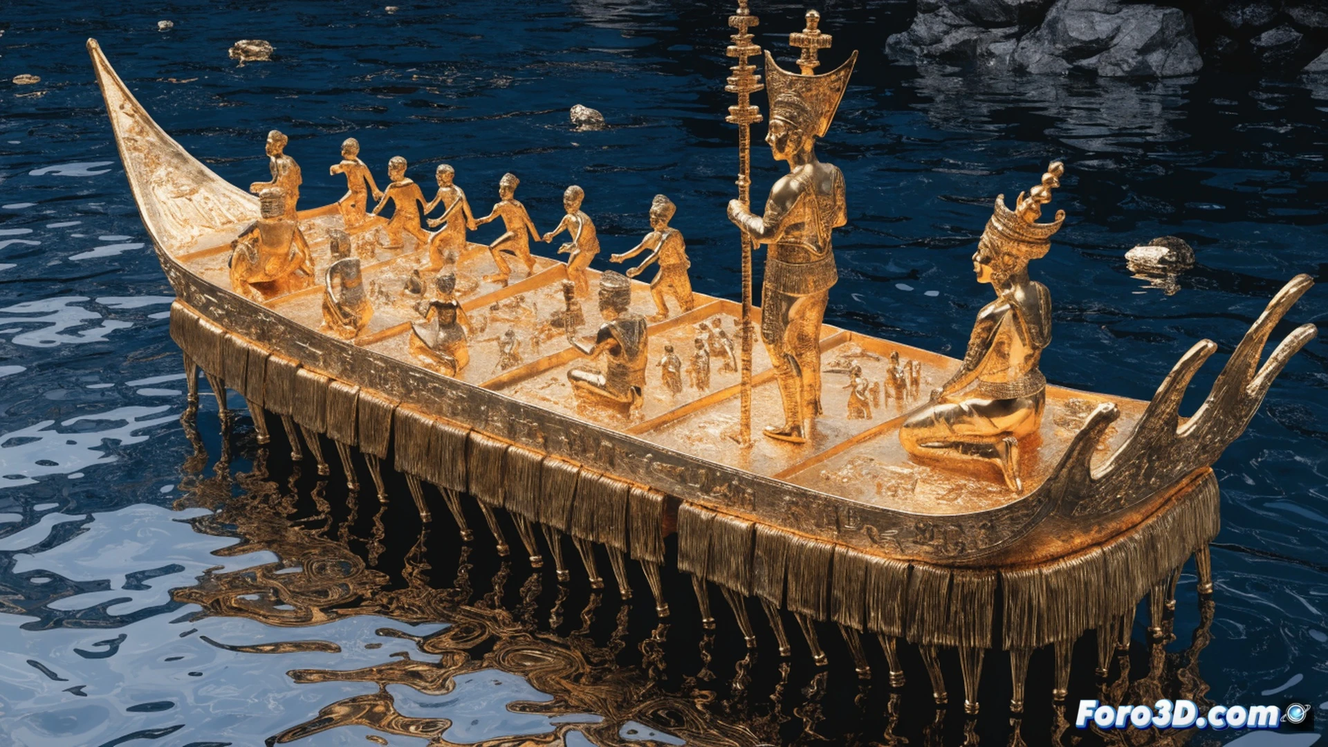 Muisca gold raft being lowered into misty Guatavita lagoon water, golden dust particles cascading from a priest figure while indigenous men in ceremonial attire hold torches along rocky shore, pre-Columbian orfebrery techniques visible in raft details, tools like stone hammers and clay molds scattered on cave floor nearby, dramatic cinematic lighting with warm amber highlights on gold surfaces, dark green jungle background, photorealistic historical reconstruction, mist rising from water, ultra-detailed gold texture, technical illustration style emphasizing metallurgical process