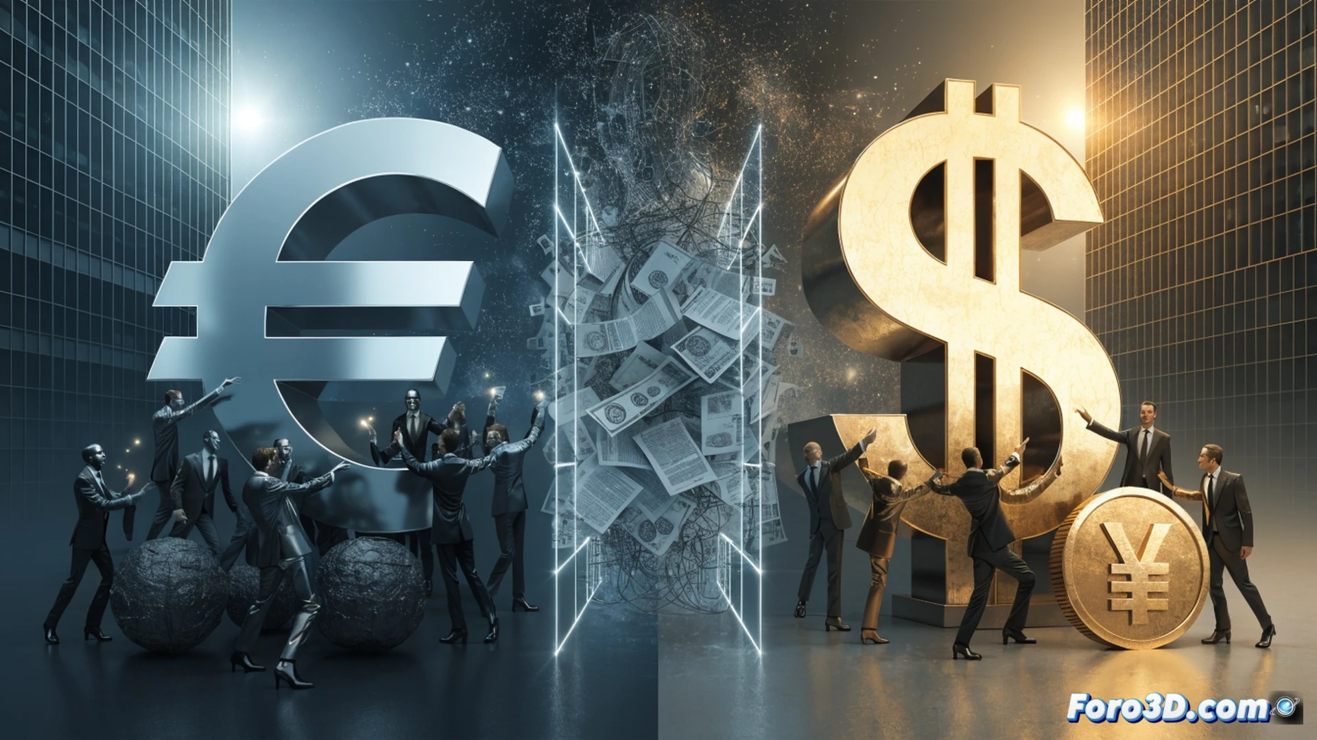 European banking headquarters interior, executives pointing at holographic map of EU with fragmented regulatory zones, glowing red barriers between countries while US and China financial hubs appear as unified blue light clusters, euro coins and digital transaction streams flowing unevenly through broken pipelines, technical illustration style with isometric view, data cables connecting bank servers showing lag symbols, dramatic blue-orange lighting, photorealistic architectural render, ultra-detailed glass walls reflecting stock tickers