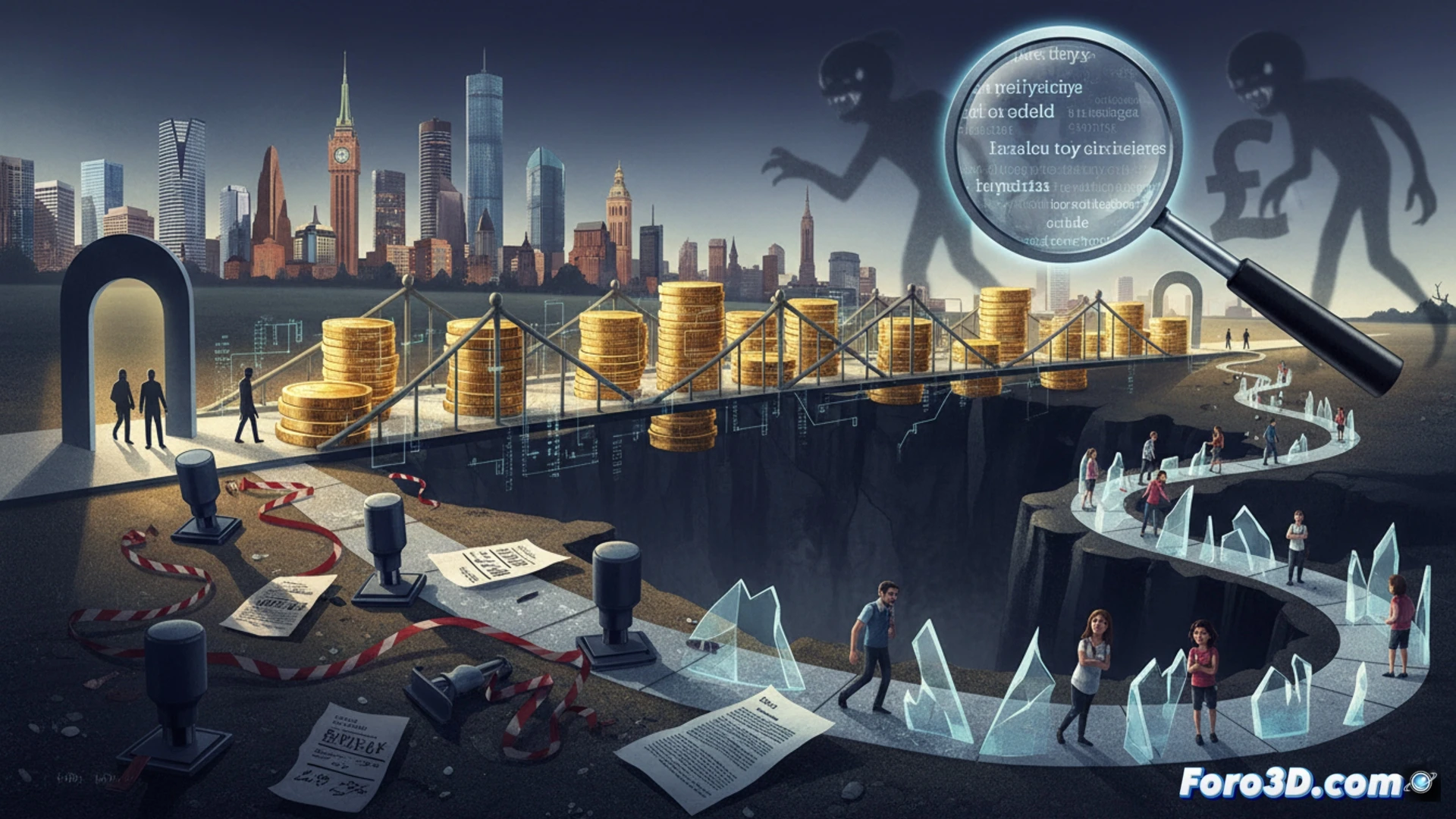 cross-border banking transaction visualization, a European citizen holding a smartphone displaying a loan application form in multiple languages, while a transparent digital barrier labeled with national flags of France Italy and Spain separates them from a distant European Central Bank building, fine print clauses floating in the air like foreign language symbols, a fragmented safety net beneath their feet with national fund logos cracking apart, sleek minimalist interface on the phone showing approval and risk warning simultaneously, cinematic architectural lighting with blue and gold tones, ultra-detailed glass and metal textures, photorealistic technical illustration emphasizing bureaucratic illusion and financial exposure